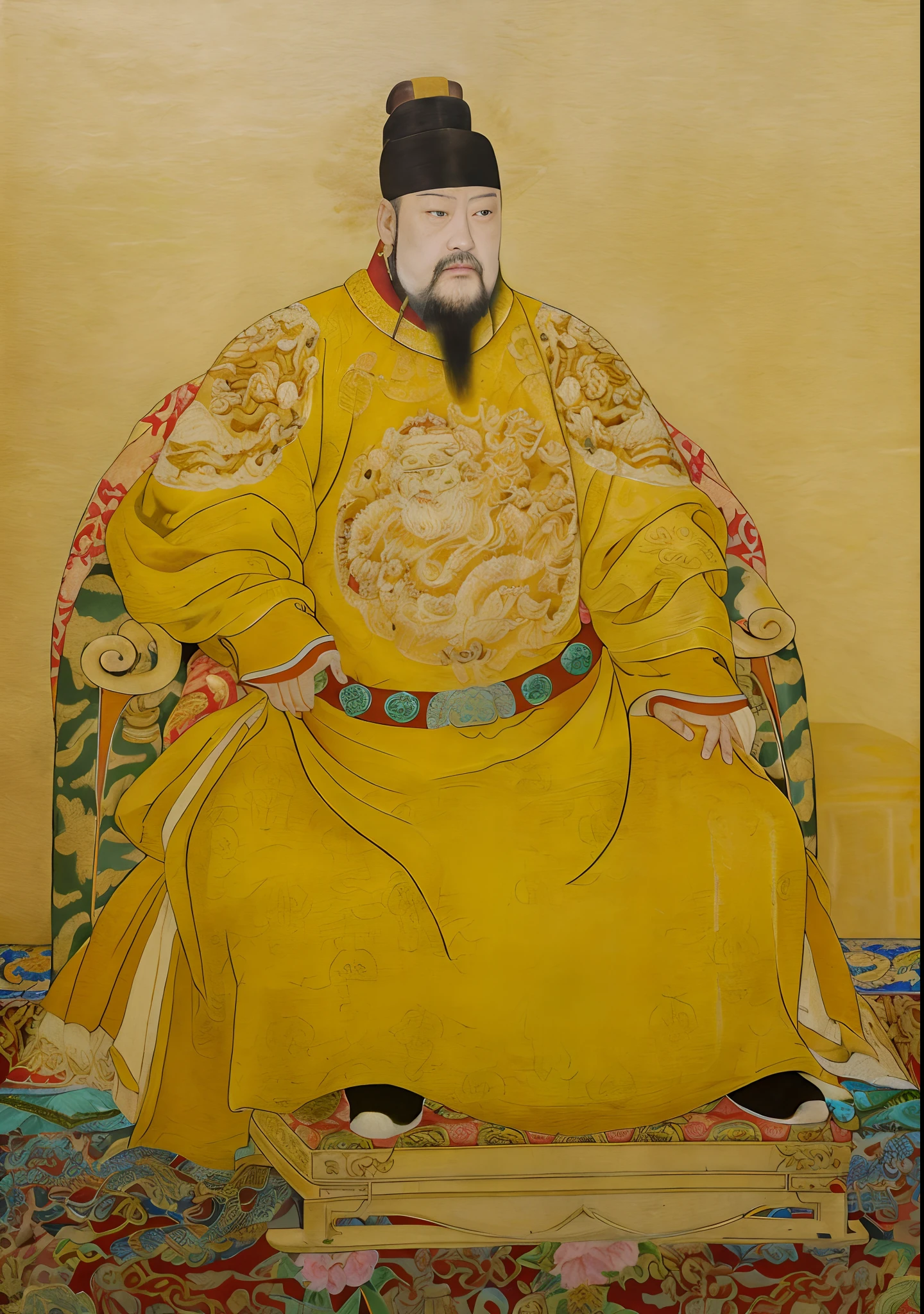 A man in a yellow robe sits on a chair, by Xuande Emperor, king in yellow, seated in royal ease, the king in yellow, royal emperor, Ming dynasty, Inspired by Guo Xi, portrait of a king, inspired by Xuande Emperor, portrait of emperor of mankind, su fu, Qing dynasty