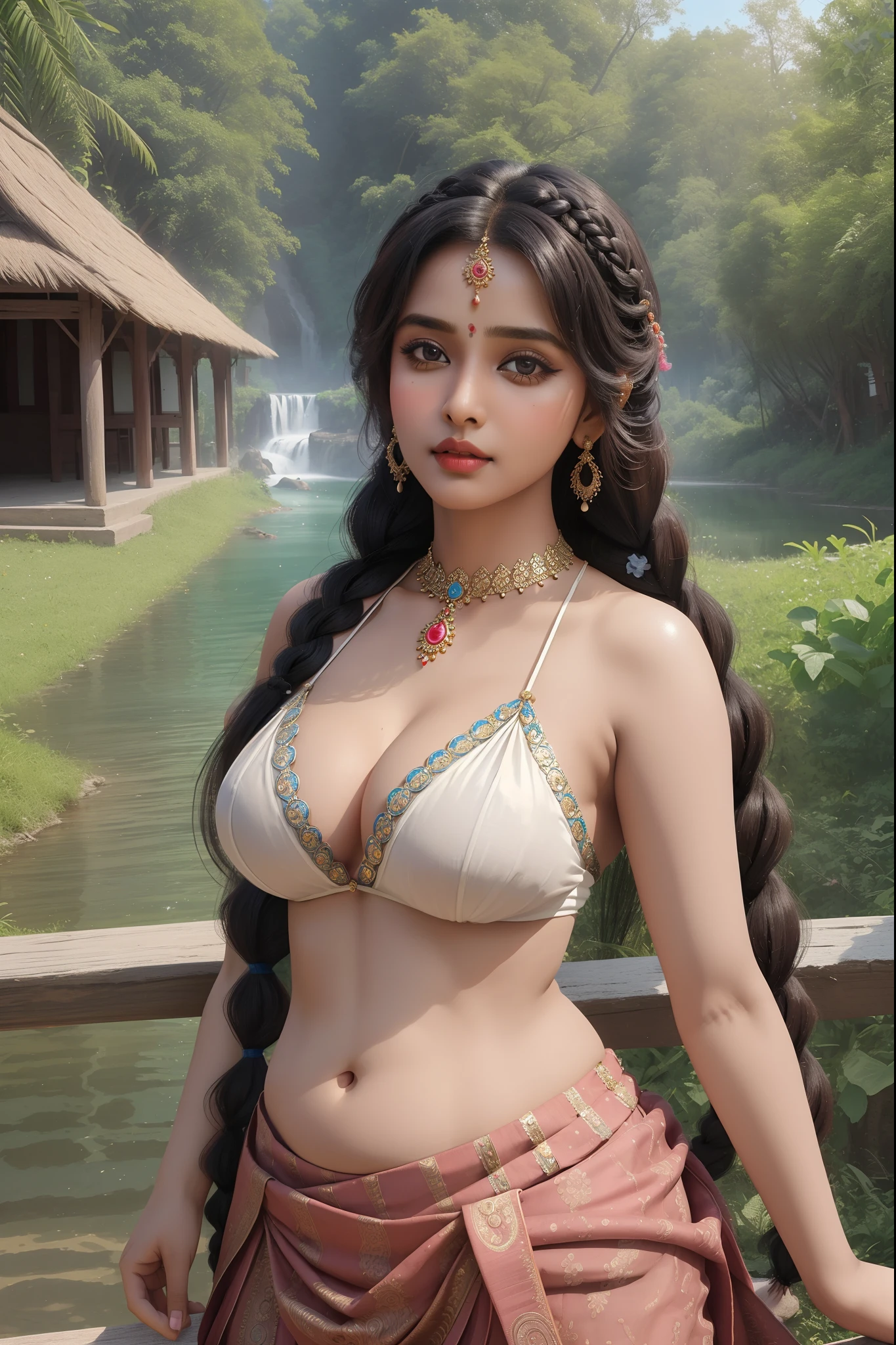 Beautiful indian woman, wearing sexy micro binkni portrait, detailed face, cute, big eyes, iconic, photorealistic, village market area, nose ring, big chest, big belly, braid hair, symmetric face, masterpiece, 8k, ultra realistic, detailed background, palace, god rays, ambient occlusion