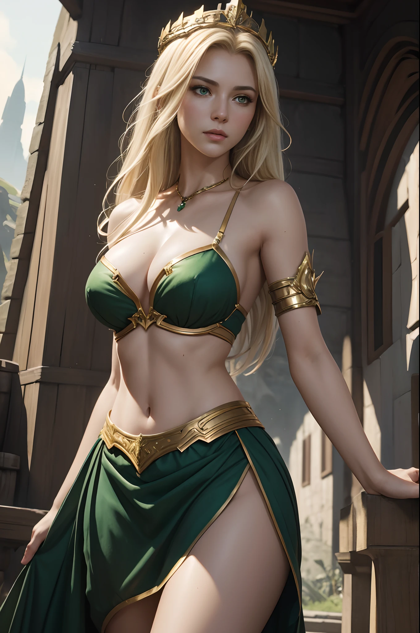 8K,Model Chute Style、(the Extremely Detailed CG Unity 8K Wallpapers)、full-shot body photo of the most beautiful artwork in the world、elvish、a blond,Green Valley、White and gold sexy chest armor.Green skirt,Pearl skin、Golden crown、Diamonds、Medieval architecture、Edbrink、Ateigairan、Studio Ghibli、Jeremy Mann、Greg Munchez、Antonio Moro、Trending on ArtStation、Trending in CGSighbour、 Dense and、Up to detail、Sharp focus、Dramatic and photorealistic painting art by Midjourney and Greg Rutkowski,Sexy costume,large full breasts,Green eyes,
