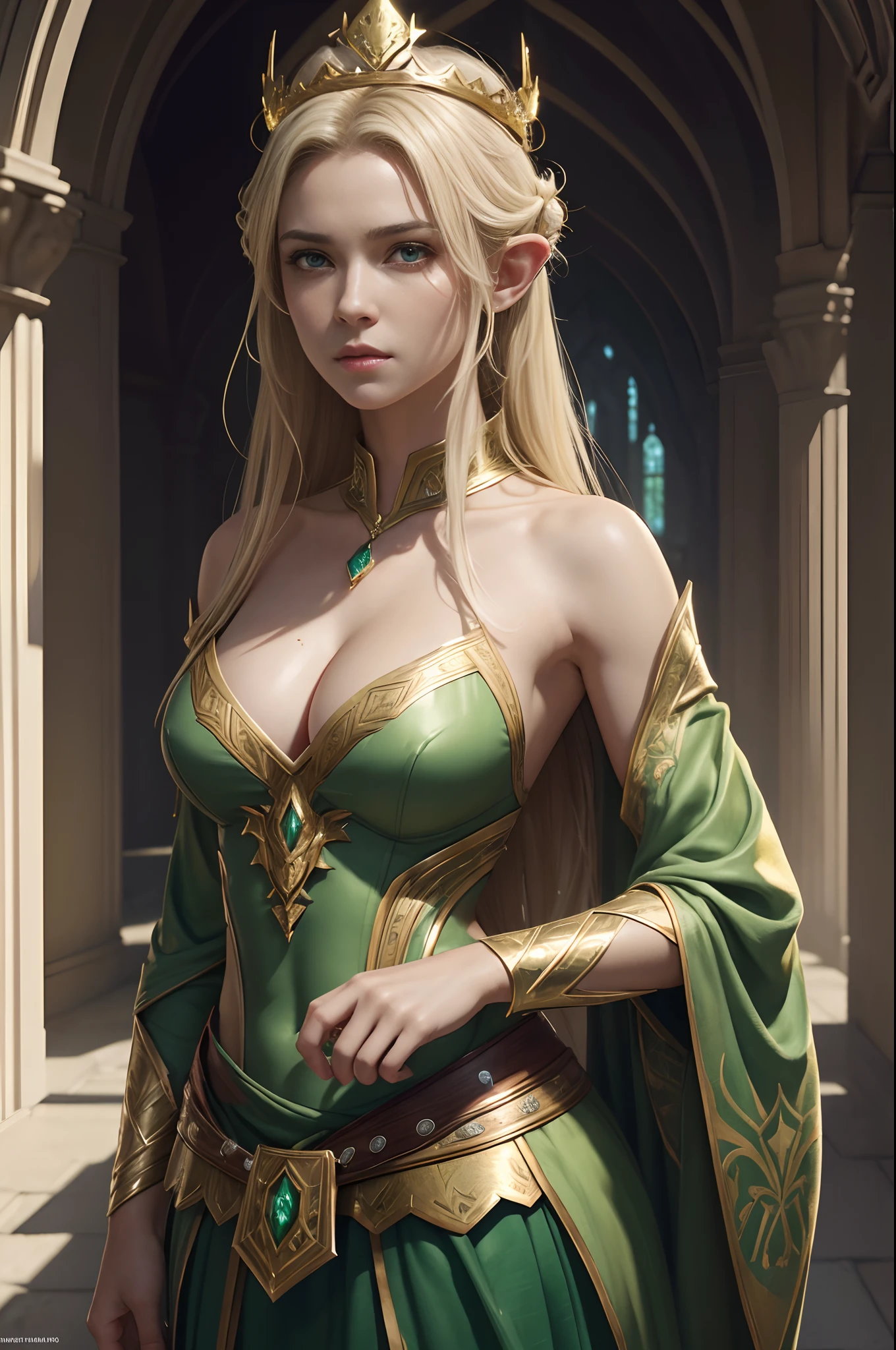 8K,Model Chute Style、(the Extremely Detailed CG Unity 8K Wallpapers)、full-shot body photo of the most beautiful artwork in the world、elvish、a blond,Green Valley、White and gold sexy chest armor.Green skirt,Pearl skin、Golden crown、Diamonds、Medieval architecture、Edbrink、Ateigairan、Studio Ghibli、Jeremy Mann、Greg Munchez、Antonio Moro、Trending on ArtStation、Trending in CGSighbour、 Dense and、Up to detail、Sharp focus、Dramatic and photorealistic painting art by Midjourney and Greg Rutkowski,Sexy costume,large full breasts,Green eyes,