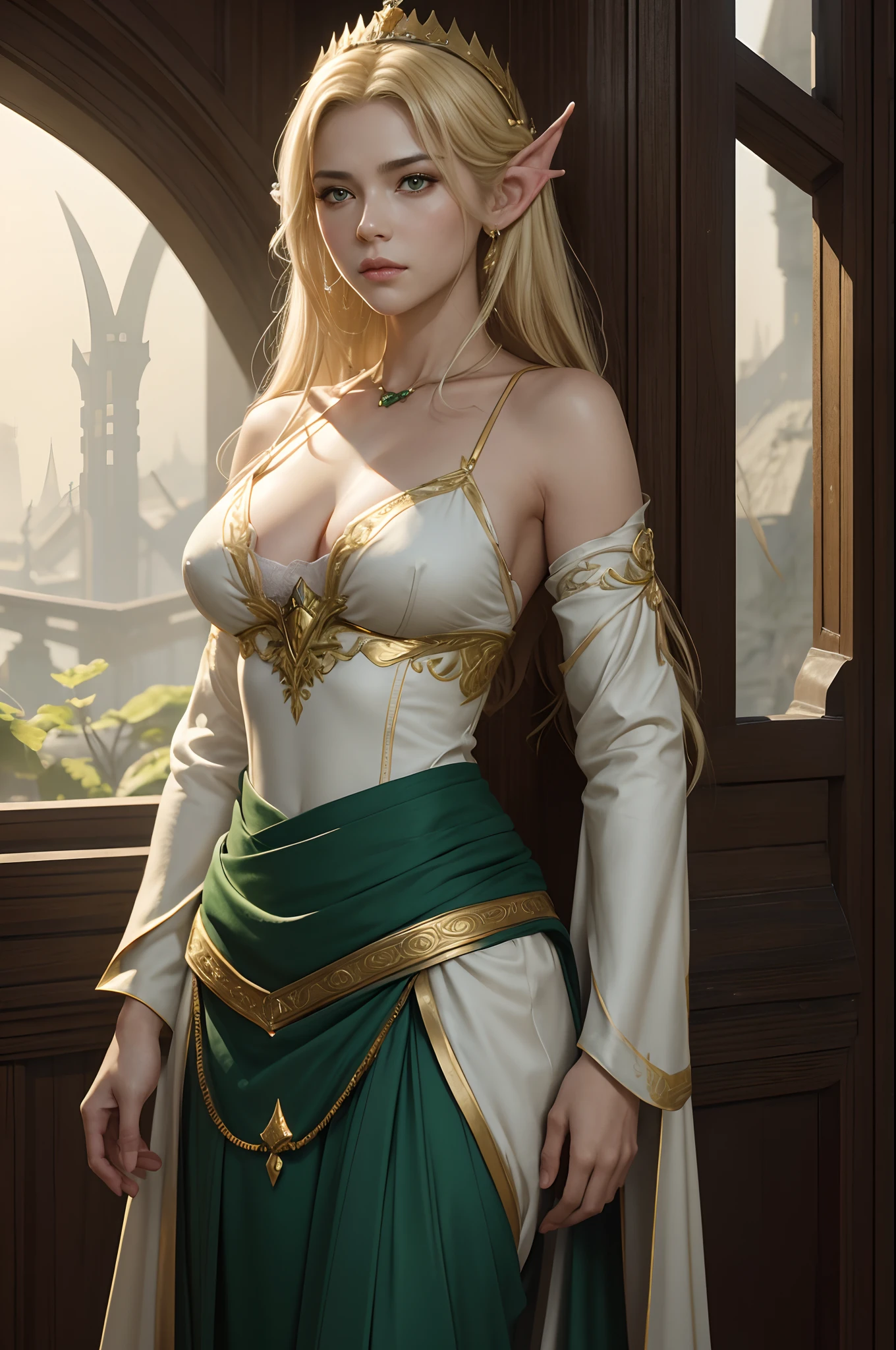 8K,Model Chute Style、(the Extremely Detailed CG Unity 8K Wallpapers)、full-shot body photo of the most beautiful artwork in the world、elvish、a blond,Green Valley、White and gold sexy chest armor.Green skirt,Pearl skin、Golden crown、Diamonds、Medieval architecture、Edbrink、Ateigairan、Studio Ghibli、Jeremy Mann、Greg Munchez、Antonio Moro、Trending on ArtStation、Trending in CGSighbour、 Dense and、Up to detail、Sharp focus、Dramatic and photorealistic painting art by Midjourney and Greg Rutkowski,Sexy costume,large full breasts,Green eyes,