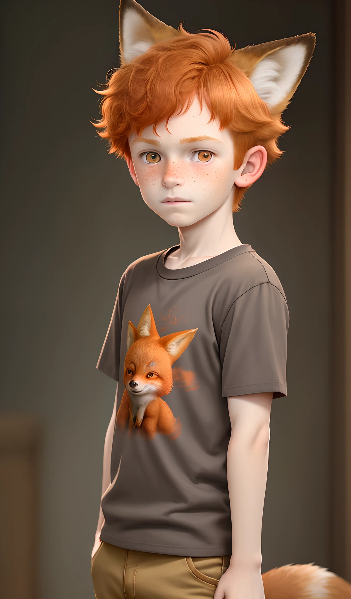 a  boy with brown and ginger hair with freckles with small red fox ears and a red tail wearing a grey shirt