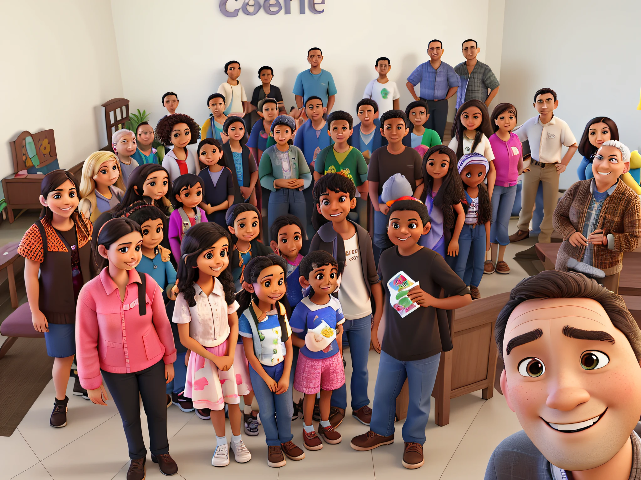 Muitas pessoas na igreja estilo Pixar, All smiling from children, young adults, and old, It's a bright environment with people of various races, browns, whites, blacks.