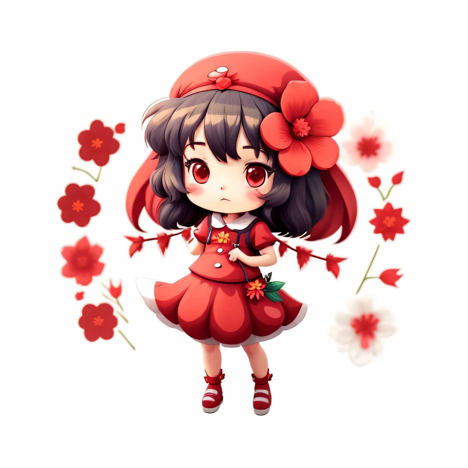 Cartoon girl with a red flower in her hair, touhou character, from touhou, in dress, White background : 3, touhou project, small curvaceous loliuhou, flower in her hair, Red flower, Artistic renderings of safflower, remilia scarlet from touhou, small loli gir