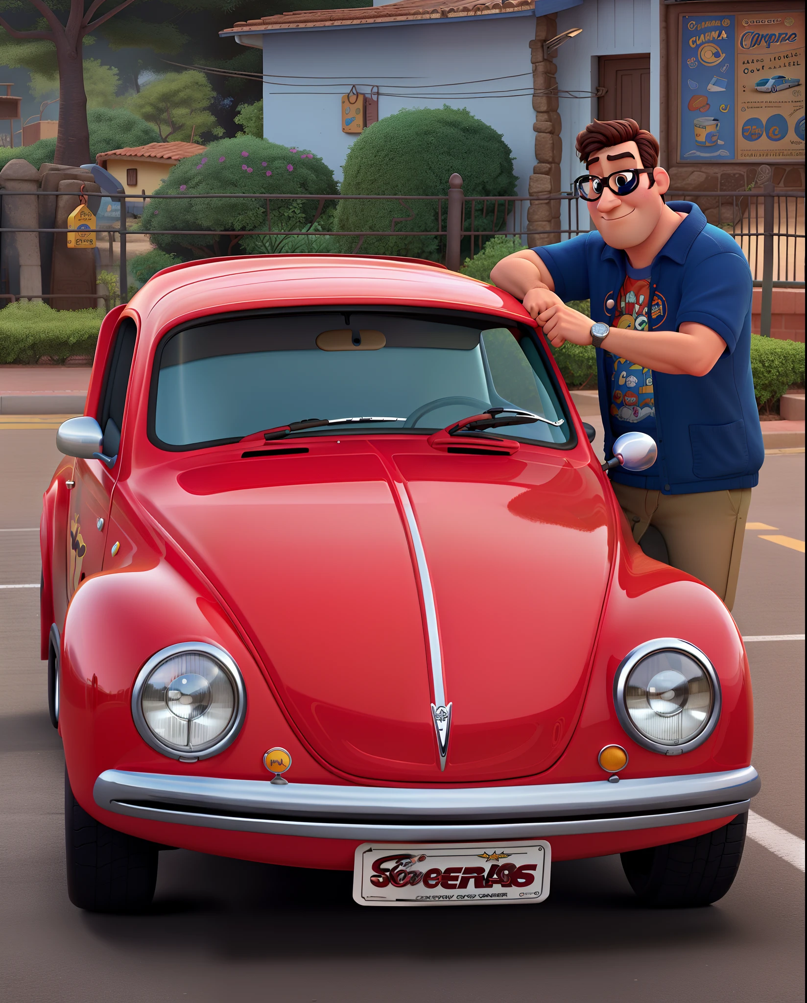 Poster estilo Pixar, homem estilo Pixar, alta qualidade, melhor qualidade, carro estilo Pixar