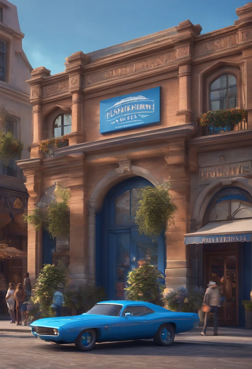 Make a blue pen storefront with logo written summer inks in Pixar world, ..3d, Disney