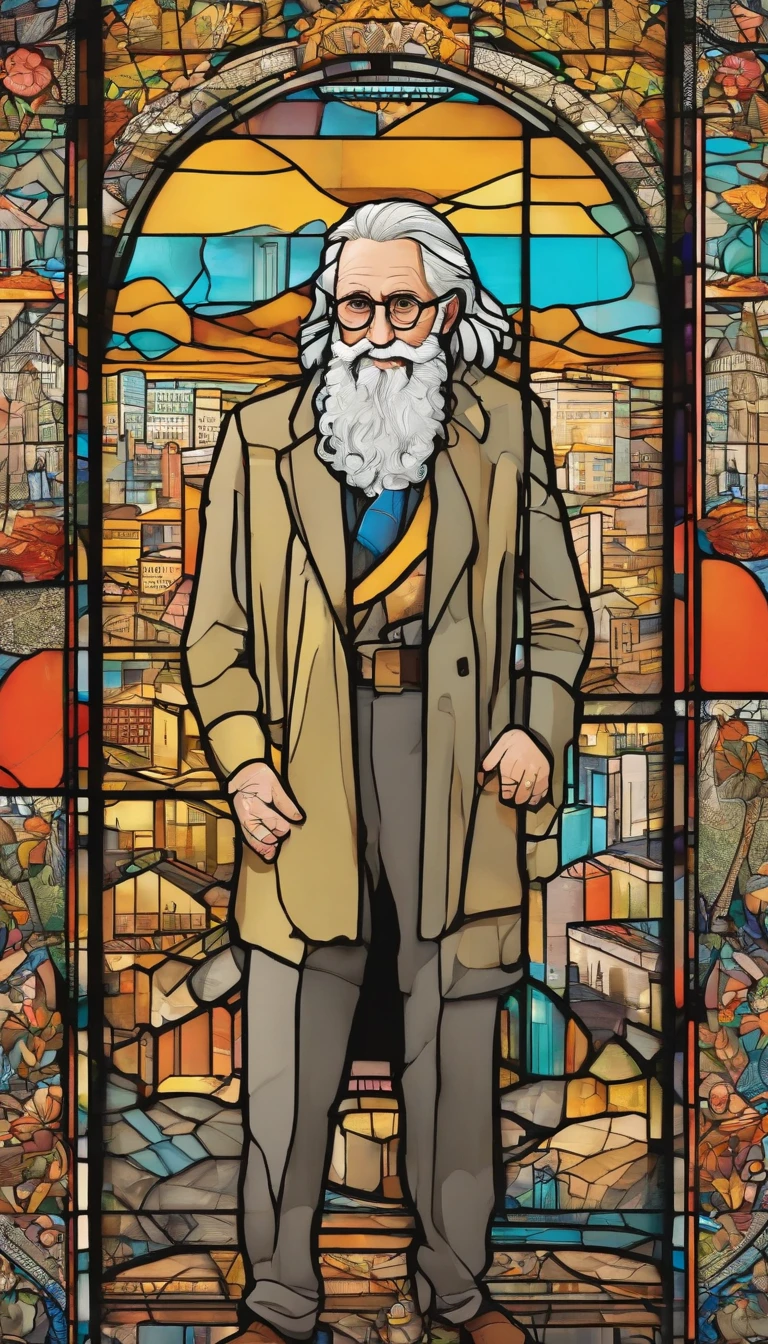 ((((super high quality)))), ((8K)), ((135mm sony lens)), an old man, long grey hair, looking like a homeless, smile in happiness, lift a gold rock in his right hand, doing a dancing pose, full body photo, city slums in the background, early 70s era, (((wes anderson color grade)))