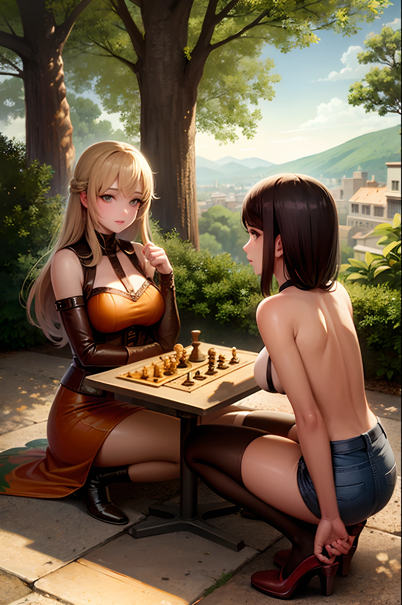 In an ancient ruined city, two girls on the street play chess, They are watched by a man who has a pumpkin instead of a head