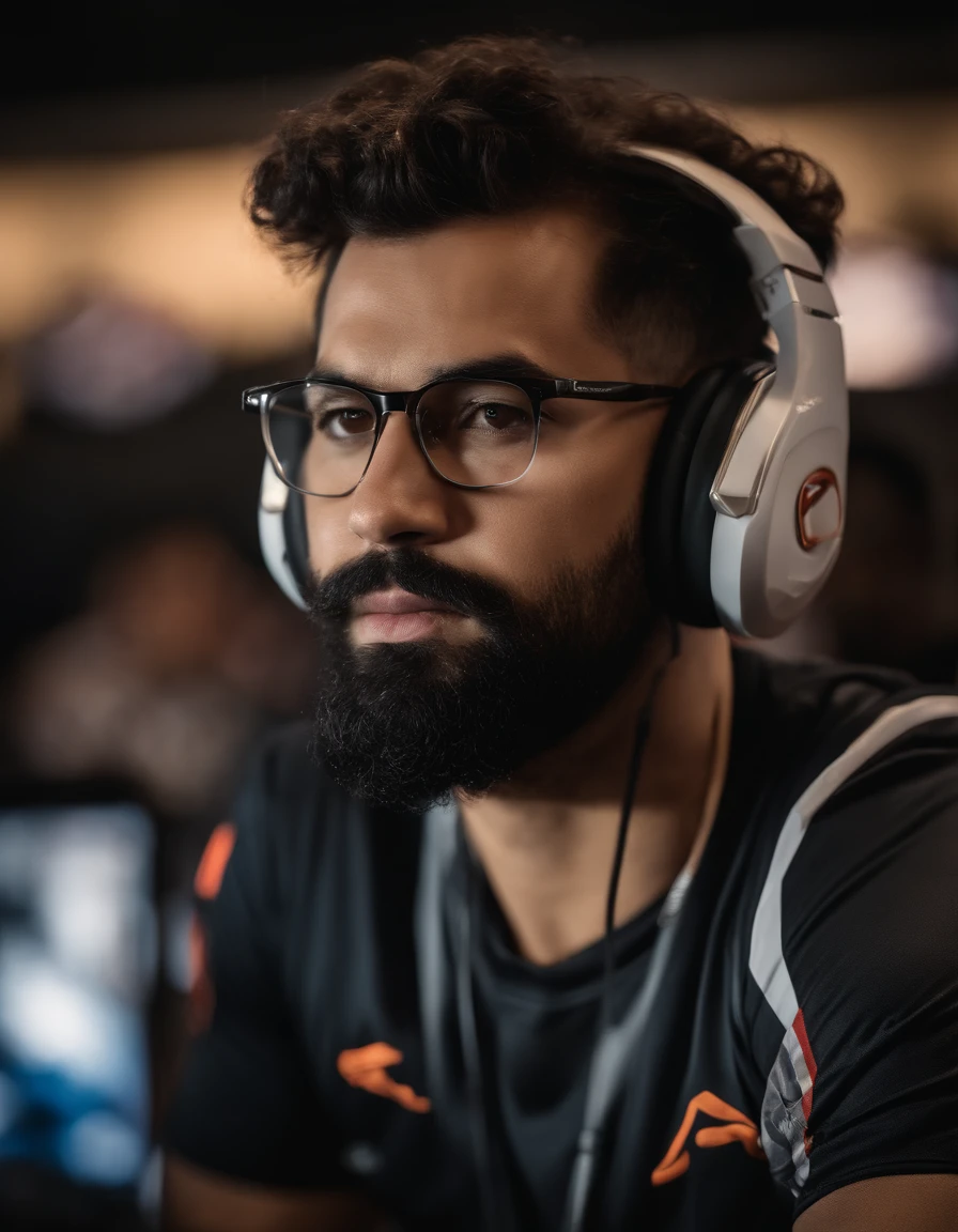 cinematic portrayal, parte superior do corpo, rosto, facing the audience, (realidade :1.3), uma das obras mais bonitas do mundo, A man looks at the camera, trajes time e-Sports, (Modern clothing with the look of an esports team and headphones :1.4), rosto bonito detalhado(barba, eyeglass, cabelo cacheado), Action Shooting, Fundo campo de futebol, fotos realistas, CG, Art Station