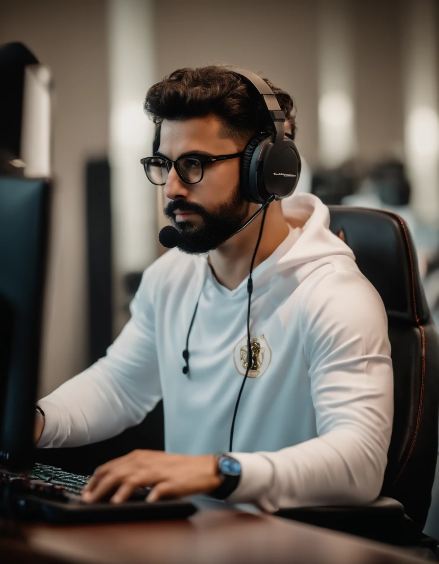 cinematic portrayal, parte superior do corpo, rosto, facing the audience, (realidade :1.3), uma das obras mais bonitas do mundo, A man looks at the camera, trajes time e-Sports, (Modern clothing with the look of an esports team and headphones :1.4), rosto bonito detalhado(barba, eyeglass, cabelo cacheado), Action Shooting, Fundo campo de futebol, fotos realistas, CG, Art Station