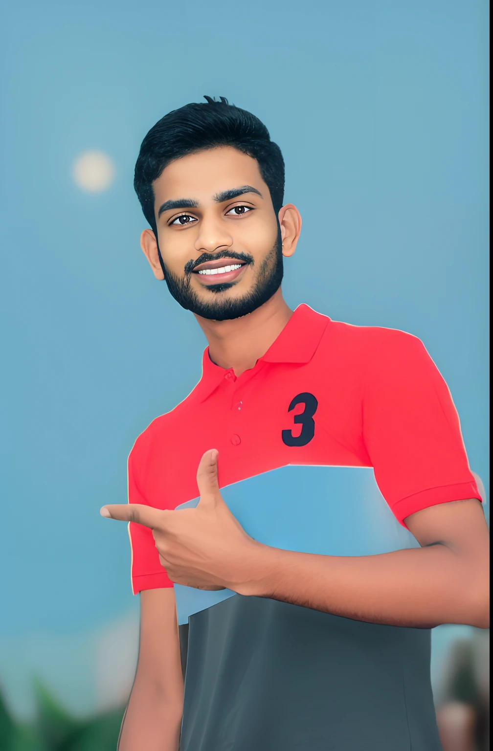 there is a man in a red shirt holding a blue and white book, edited in photoshop, portait photo profile picture, jayison devadas, facebook profile picture, mohamed chahin, mohamed chahin style, with a beautifull smile, riyahd cassiem, ayan nag, with accurate face, candid picture, very very low quality picture, photoshopped