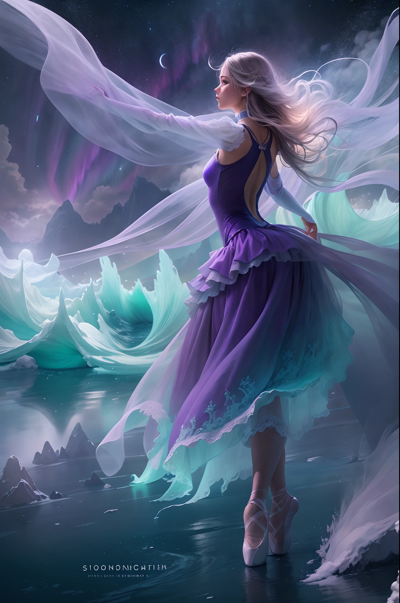 （The back of an actress dancing ballet on an iceberg floating island of the Northern Lights)，（Dancing backs：0.8），（White ballet feather top），Smoked skirt，
Green and purple Northern Lights meteor showers drill in the mountains, Towering icebergs，The earth was covered with snow，An island floating in the sea，Auroras also illuminate the ocean beneath the ice，It animates the entire ocean，The silence and mystery of the landscape:0.7, The beauty of celestial bodies:0.6, Natural phenomena:0.5, Ethereal，dramatic aurora borealis,Filled with swirls and dynamic colored smoke，Ballerina smoky swirl dress，Flowy purple smoky dresses and fast-spinning movements are a source of inspiration, Key elements::conveying a sense of mystery, smooggy，colorful atmosphere.Emphasis on dynamics，minimalistbackground, Monochrome contemplation from an upward perspective，ultraclear