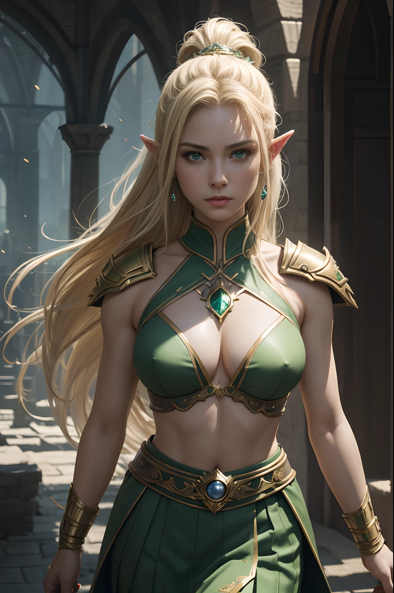 8K,Model Chute Style、(the Extremely Detailed CG Unity 8K Wallpapers)、full-shot body photo of the most beautiful artwork in the world、elvish、Blonde Mohawk,Green Valley、White and gold sexy chest armor.Green skirt,Pearl skin、Diamonds、Medieval architecture、Edbrink、Ateigairan、Studio Ghibli、Jeremy Mann、Greg Munchez、Antonio Moro、Trending on ArtStation、Trending in CGSighbour、 Dense and、Up to detail、Sharp focus、Dramatic and photorealistic painting art by Midjourney and Greg Rutkowski,Sexy costume,large full breasts,Green eyes,