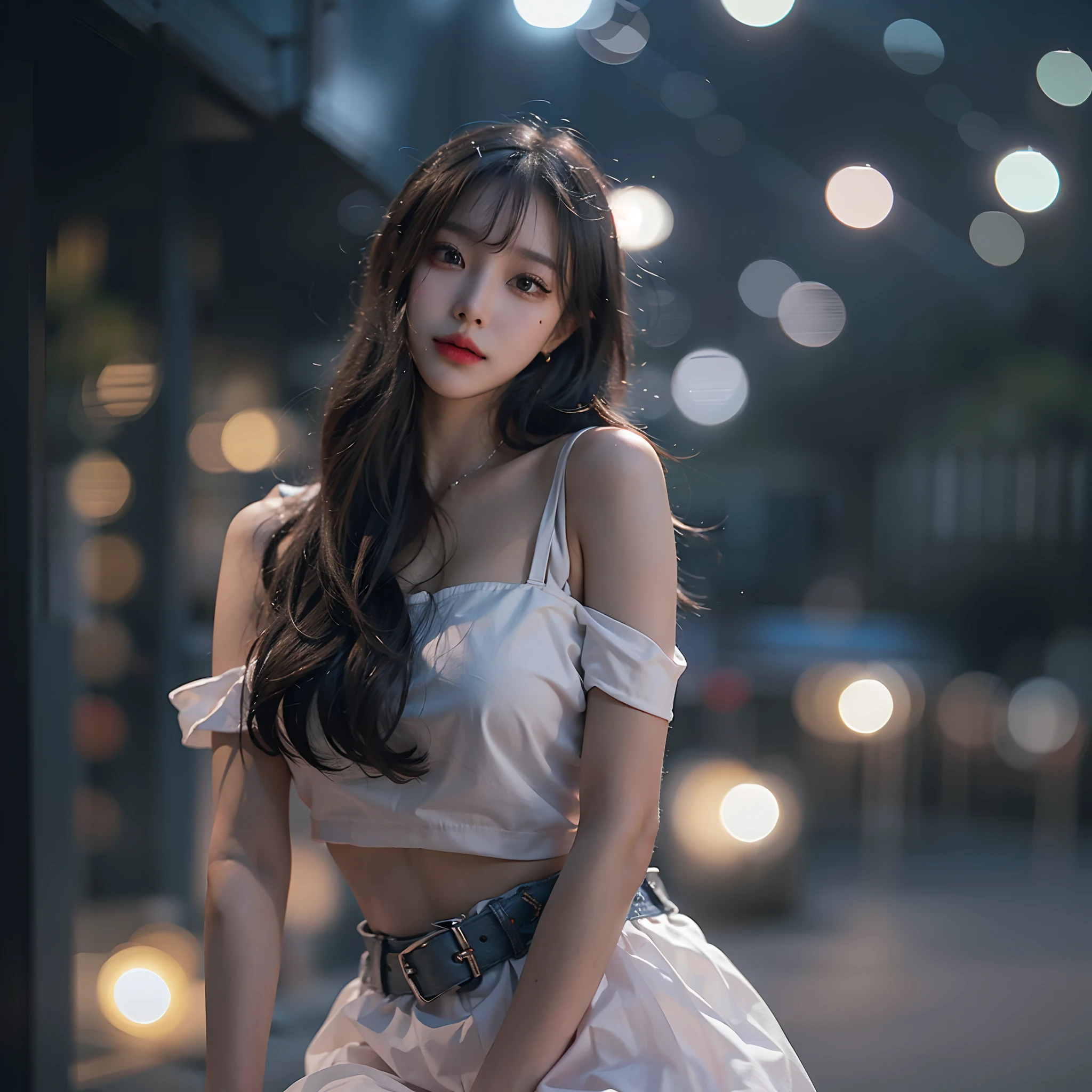 s whole body,  (realisitic:1.4),  8K UHD,  Top  Quality,  The ultra-Highres,  Unique Backgrounds,  clouds,  Dark and very dark....,  Building lights are lighting up the night....,  wind:1.3,  (Wearing a crop top and a short skirt),  (images:1.1),  kpop-idol,  (Beautiful girl in Korea),  (Mixed Korean),  (Pretty lips:1.1),  (eyeslashes:1.1),  (happiness:1.21),  (deeply:1.1), (Neat makeup),  (Clear facial skin: 1.2),  (Glowing skin),  (Big breasts),