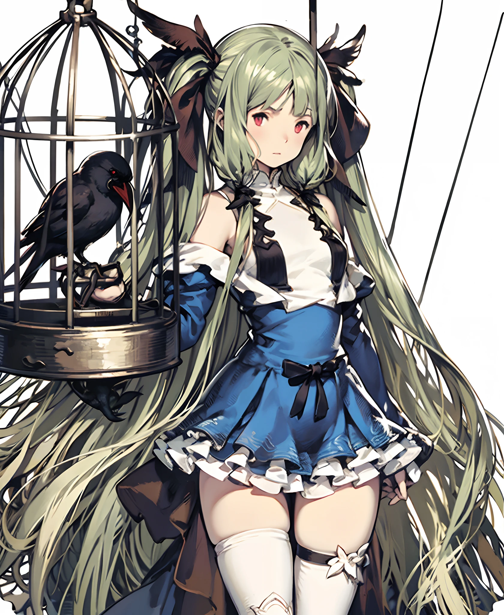 yoshida akihiko, 1girl, bravely default: flying fairy, bravely default \(series\), Nier, final fantasy, red eyes, pigtails, long bangs, crow in a cage, ribbons