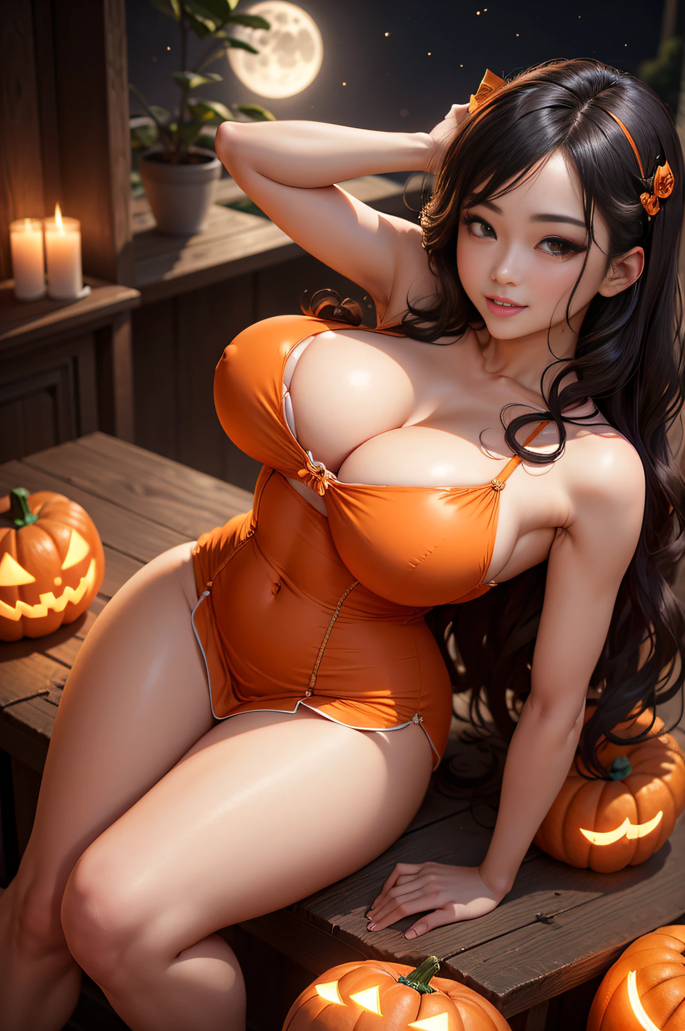 in 8K、Best Quality、Full moon night sky、femele、A dark-haired、blushed face、、Long wavy hair、Orange Ribbon、Orange dress、Black corset、Orange knee socks、beauty legs、Seductive thighs、Colossal tits:1.8、big butts:5.5、big breasts thin waist、cleavage of the breast、Beautiful constriction、cleavage of the breast、shinny skin、Focus on the chest、Naughty breasts、Naughty hips、sexypose、Facing up、Kamimei、Shy smile、low angles、Looking up、Has a jack-o'-lantern、