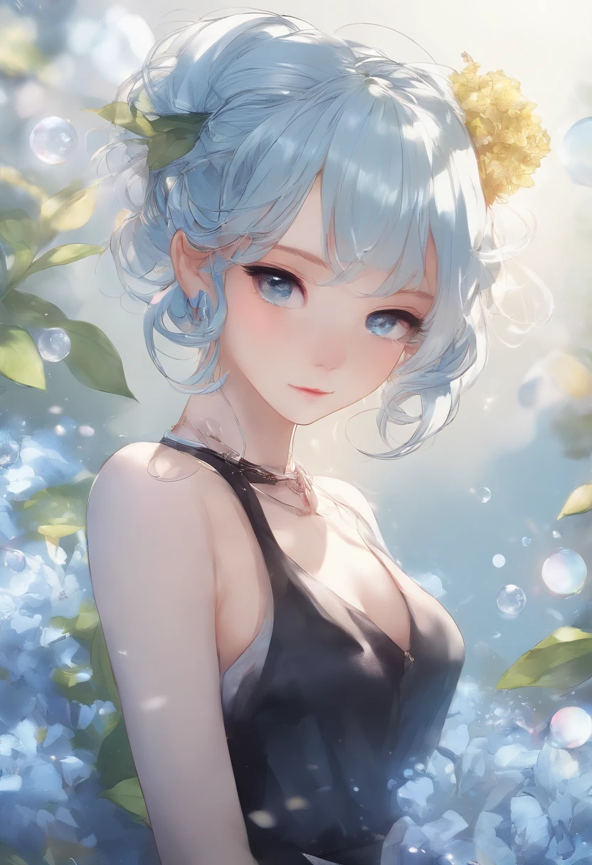 (masterpiece), (best quality), (ultra detailed),(disheveled hair),(illustration), (1girl), (Fashionable clothing), standing, Fashion model, looking at viewer, (interview), (simple background),beautiful detailed eyes, delicate beautiful face, Floating,(high saturation),(colorful splashes),colorful bubble,(shining), focus on face,  ponytail, kamisato ayaka, light blue hair, bangs, hair ring, floating flowers, floating hairs, (shining), best lighting, best shadow,