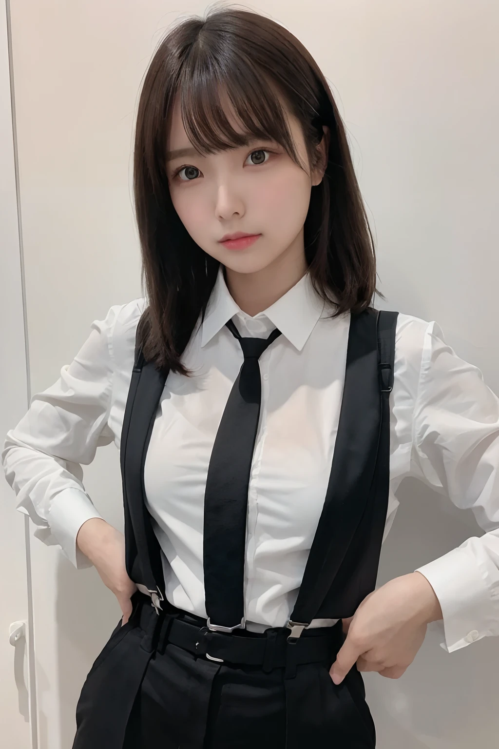 ​masterpiece、flat-colors、depth of fields、lens flare 1 girl、、Brown hair、watching at viewers　　　　a belt　black suspenders　Social OL　　　huge-breasted　　　 　 Armpit sweat　perspiring　Side of both hands　　walls: Black Suit　Black pants, Black jacket holster　arm　Leg holster　Gaze　　No tie　tiarra　No bangs　Small face