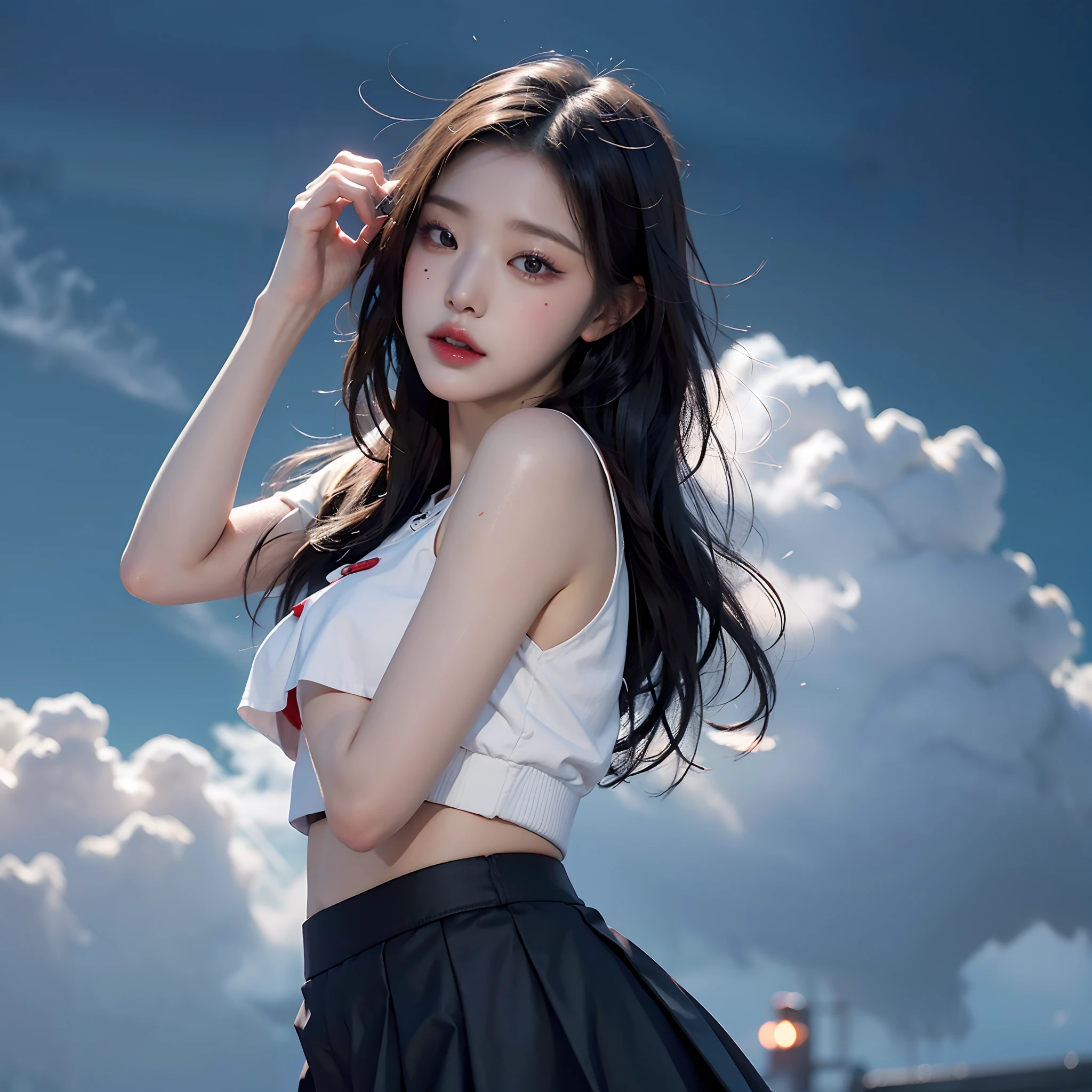 s whole body, (realisitic:1.4), 8K UHD, Top Quality, The ultra-Highres, Unique Backgrounds, clouds, Dark and very dark......, Building lights are lighting up the night......, wind:1.3, (Wearing a crop top and a short skirt), (images:1.1), kpop-idol, (Beautiful girl in Korea), (Mixed Korean), (Pretty lips:1.1), (eyeslashes:1.1), (happiness:1.21), (deeply:1.1), (Neat makeup), (Clear facial skin: 1.2), (Glowing skin), (Big breasts),