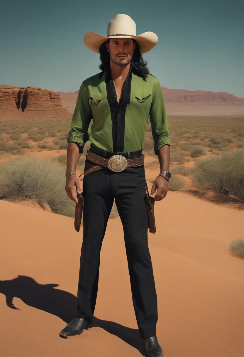 Man with pistols in his hands, wearing a cowboy hat, Hair strands in a moss-green tone, Long hair, Black and Grey Social Blouse, black and long grey trousers, Black Social Shoes, serious look, The eyes are light green, Around it are ruins in the middle of the desert