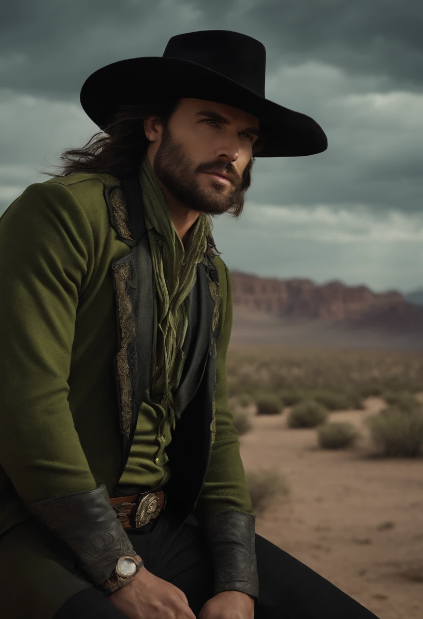 Man with pistols in his hands, wearing a cowboy hat, Hair strands in a moss-green tone, Long hair, Black and Grey Social Blouse, black and long grey trousers, Black Social Shoes, serious look, The eyes are light green, Around it are ruins in the middle of the desert