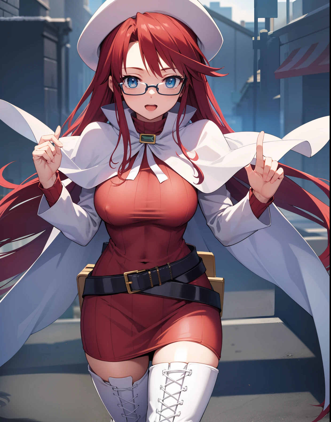 summonnightaty, aty, long hair, blue eyes, red hair, beret, hat, glasses,
BREAK long hair, thighhighs, hat, dress, boots, glasses, belt, cape, sweater, zettai ryouiki, beret, thigh boots, white footwear, ribbed sweater, loose belt,,
BREAK outdoors, fantasy_city,
BREAK (masterpiece:1.2), best quality, high resolution, unity 8k wallpaper, (illustration:0.8), (beautiful detailed eyes:1.6), extremely detailed face, perfect lighting, extremely detailed CG, (perfect hands, perfect anatomy),covered_nipples,covered_navel,light_smile,dynamic_posing,half_eyes,spread_legs,open_mouth,sword,