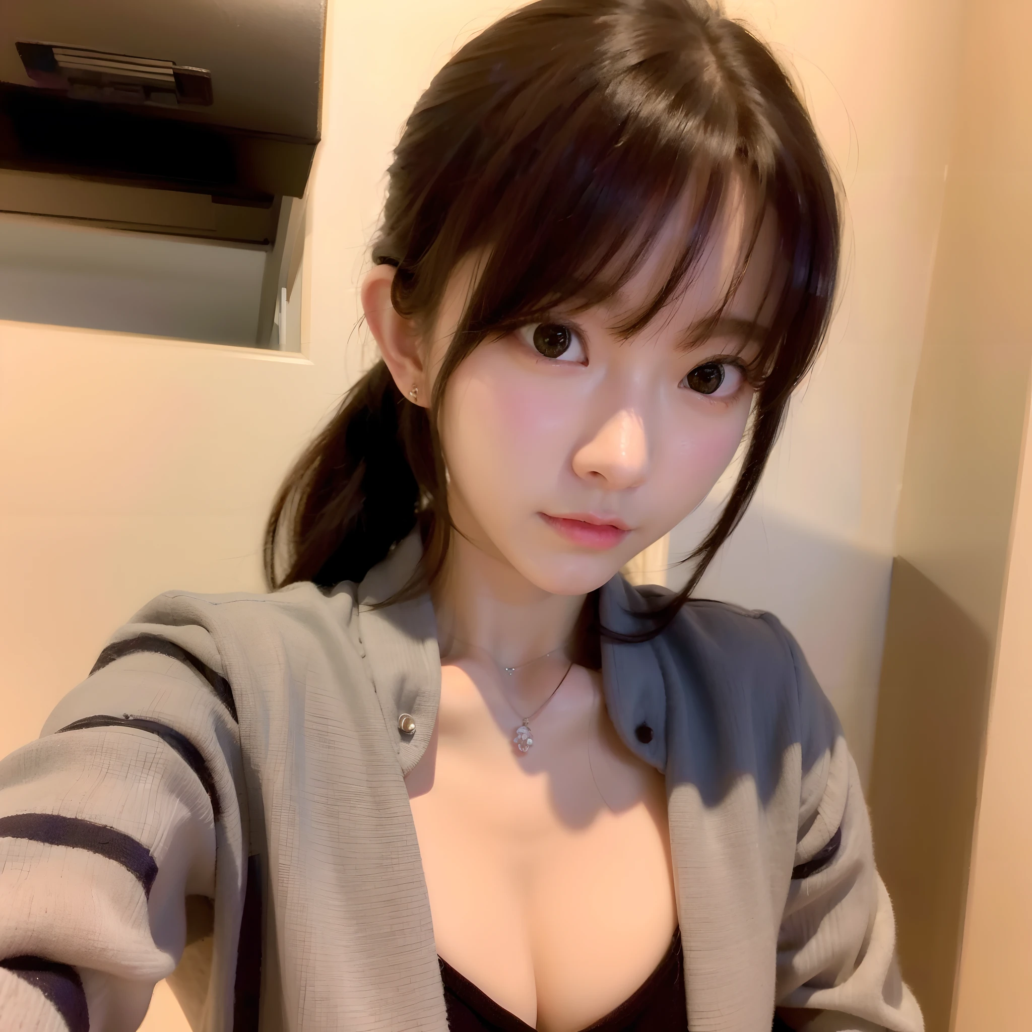 Absurdres, best quality, masterpiece, indoor shot, professional, closeup shot , rich, beautiful, attractive, cool, edgy, 1girl, solo, loose flannel, cleavage, boobs, bellybutton, ponytail, bangs, professional indoor lighting, detailed face, detailed eyes, intricate detailed, leaning on wall