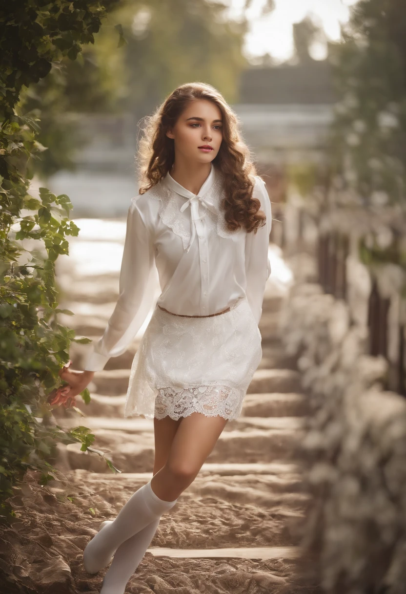 Young teen in white stockings,High School Uniforms,medium boob,Lace white visible underwear,Barefoot