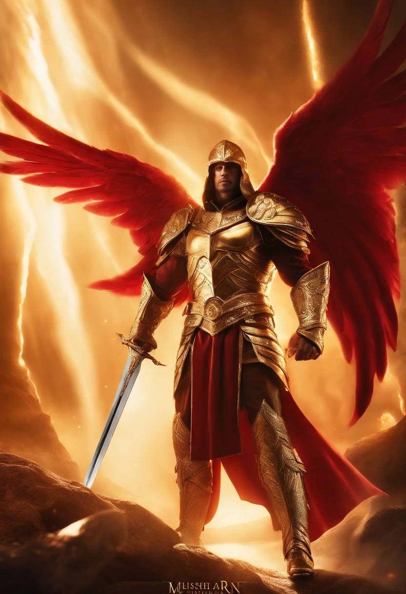 ((1 homem anjo)), Arcanjo Gabriel, ((1 homem)), grandes asas brancas, olhos claros brilhantes, Biomechanicals, Rosto da Beleza, o Deus dos anjos, with a sparkling sword in his hands, Angel of justice , O mais belo dos anjos, cores muito brilhantes, light particles, com luz brilhante, Mshiff, Arte do papel de parede, papel de parede uhd, inspirado no Arcanjo Gabriel, Golden armor and red cape, wavy long hair