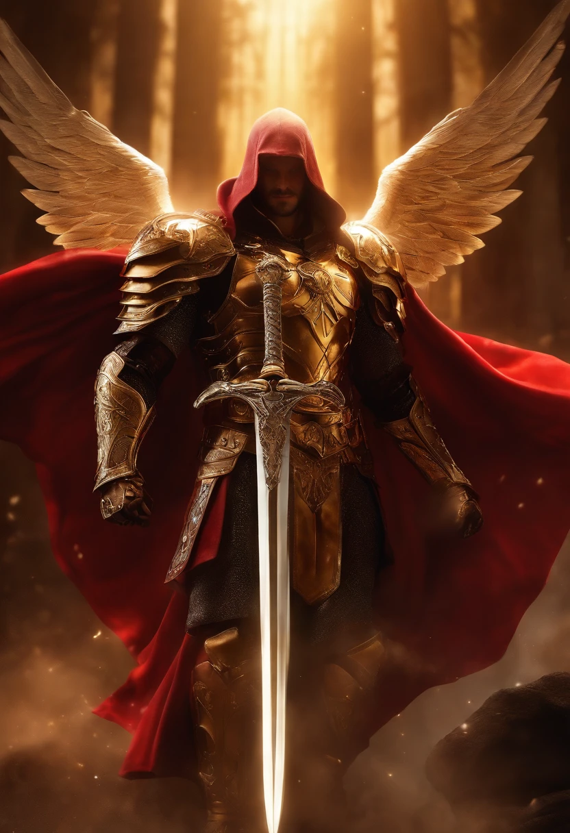 ((1 homem anjo)), Arcanjo Gabriel, ((1 homem)), olhos claros brilhantes, Biomechanicals, Rosto da Beleza, o Deus dos anjos, with a sparkling sword in his hands, Angel of justice , O mais belo dos anjos, cores muito brilhantes, light particles, com luz brilhante, Mshiff, Arte do papel de parede, papel de parede uhd, inspirado no Arcanjo Gabriel, Golden armor and red cape, wavy long hair