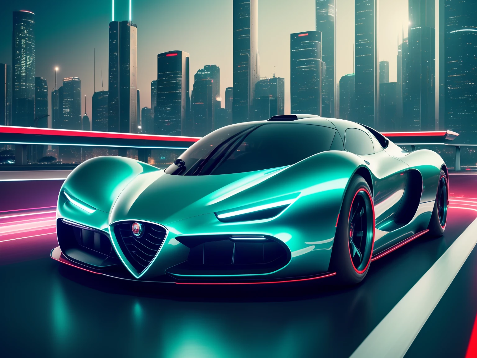 A supersonic, sleek Alfa Romeo car from the 50's zooms down a futuristic highway, turbines whirring as it leaves a trail of colorful neon lights in its wake. ((The car is driving over a winding, elevated track that twists and turns through a futuristic cityscape, with skyscrapers and flying vehicles in the distance.)) The driver, sporting a retro-futuristic suit and helmet, is barely visible behind the wheel as they push the car to its limit. The exhaust pipes of the car emit a bright blue flame as it rockets towards the horizon.