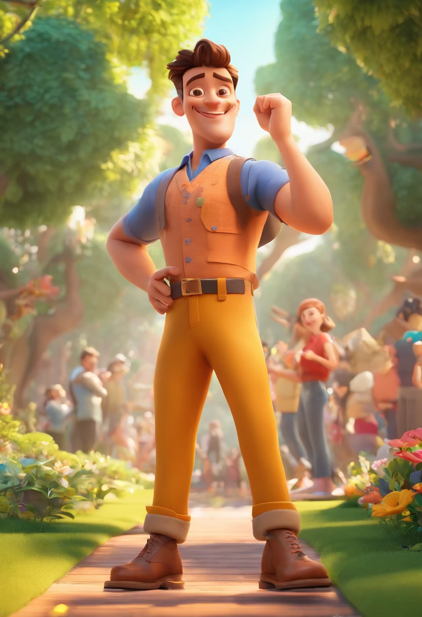 Cartoon of employee having fun together, piquenique, vacation, Dia do Colaborador, 3D Animation Movie Poster, Poster de filme animado, pixar 3 d animation style, pixar renderman rendering, maia 8 mil, animated film, Disney Pixar Estilo 3D, camisa azul clara, cream brown pants, uniforme do empregado, ao ar livre, vacation, Disney Pixar Animation Poster