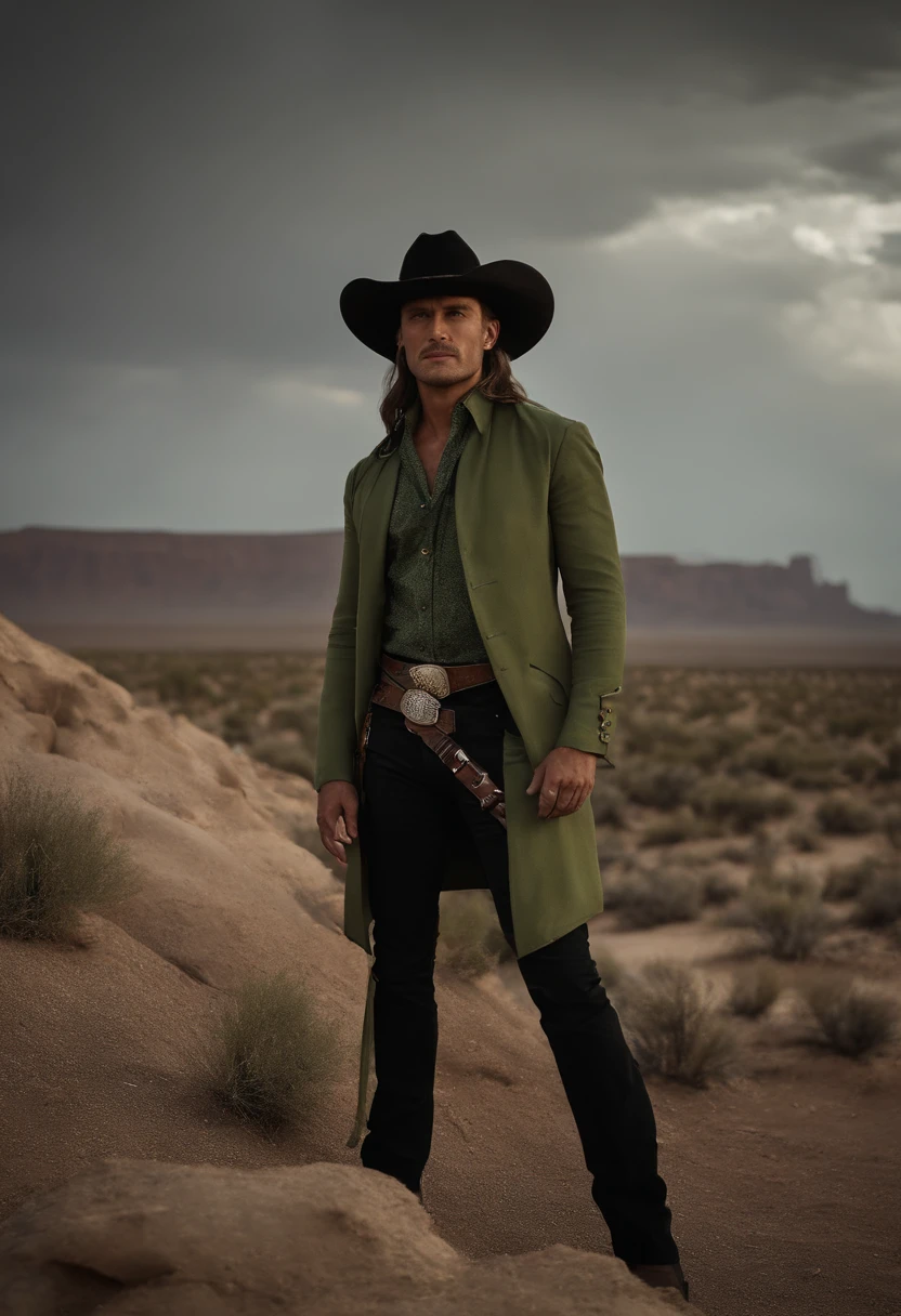 Man with pistols in his hands, wearing a cowboy hat, Hair strands in a moss-green tone, Long hair, Black and Grey Social Blouse, grey trousers, dusty black ankle boots, serious look, The eyes are light green, Around it are ruins in the middle of the desert
