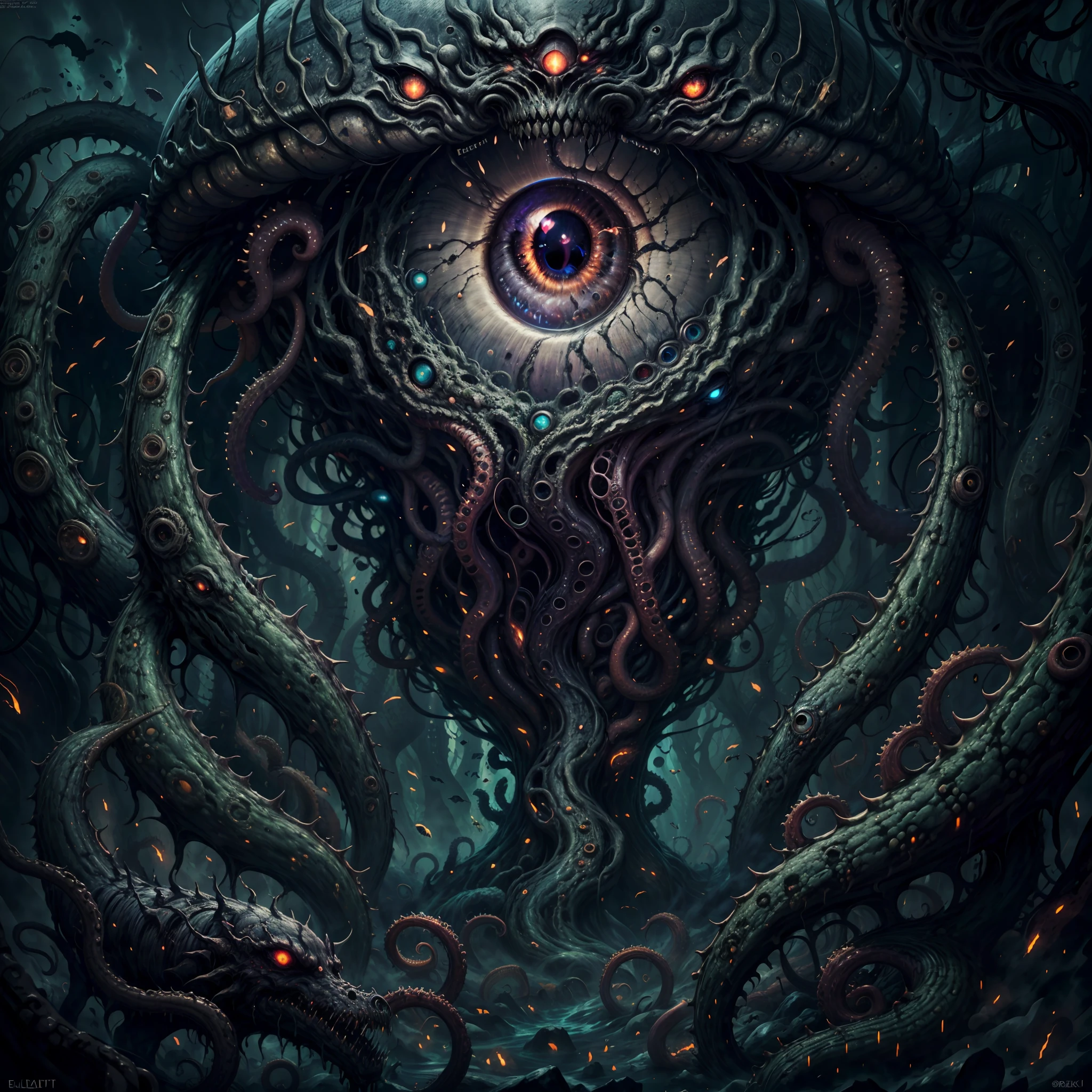 (best quality,4k,8k,highres,masterpiece:1.2),ultra-detailed,(realistic,photorealistic,photo-realistic:1.37),eldritch eye monster,(a floating sphere glowing eye), lots of tentacles, HP.lovecraft style, eerie atmosphere, ancient horror, dark, mysterious, twisted beings, ominous, cosmic horror, otherworldly, surreal, eldritch entities, grotesque, disturbing, inscrutable, tentacle-covered, abyssal depth, macabre, unearthly presence, supernatural, spectral, indescribable horror, haunting, nightmare-inducing, ethereal light, arcane symbols, eldritch essence, eerie glow, monstrous proportions, shifting shadows, eldritch abomination, tentacle tendrils, unknowable secrets, madness-inducing gaze