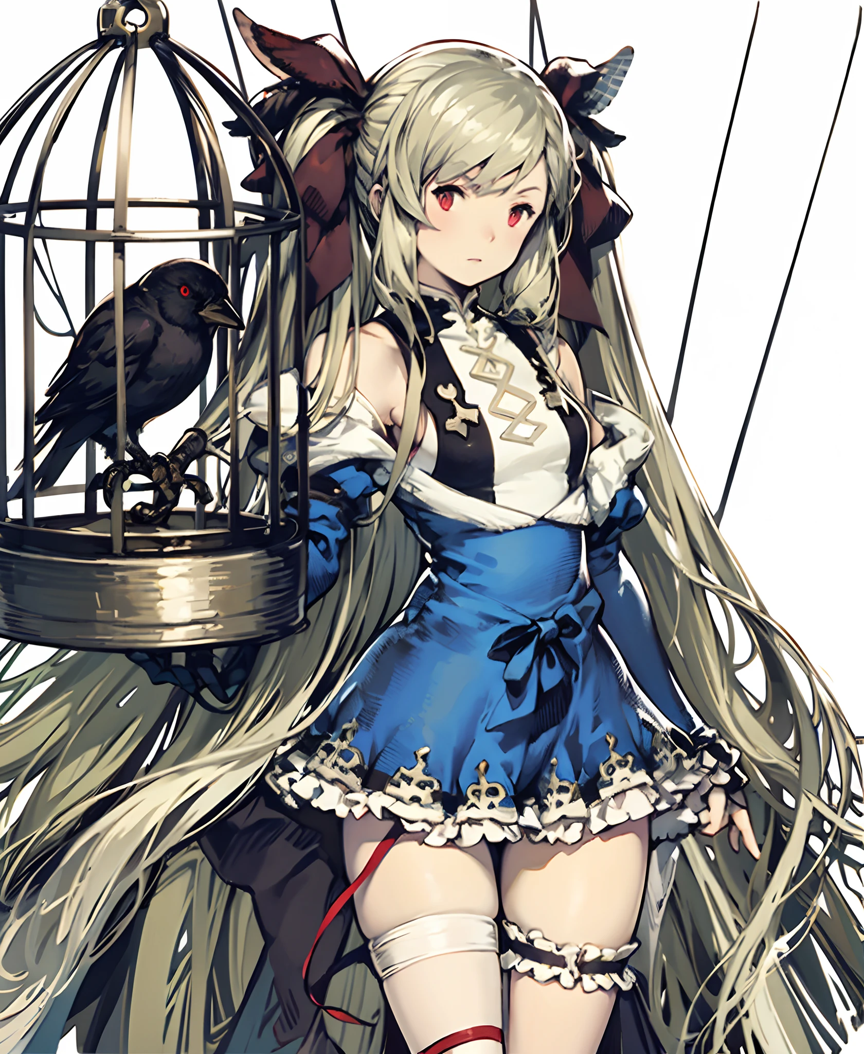 yoshida akihiko, 1girl, bravely default: flying fairy, bravely default \(series\), Nier, final fantasy, red eyes, pigtails, long bangs, crow in a cage, ribbons