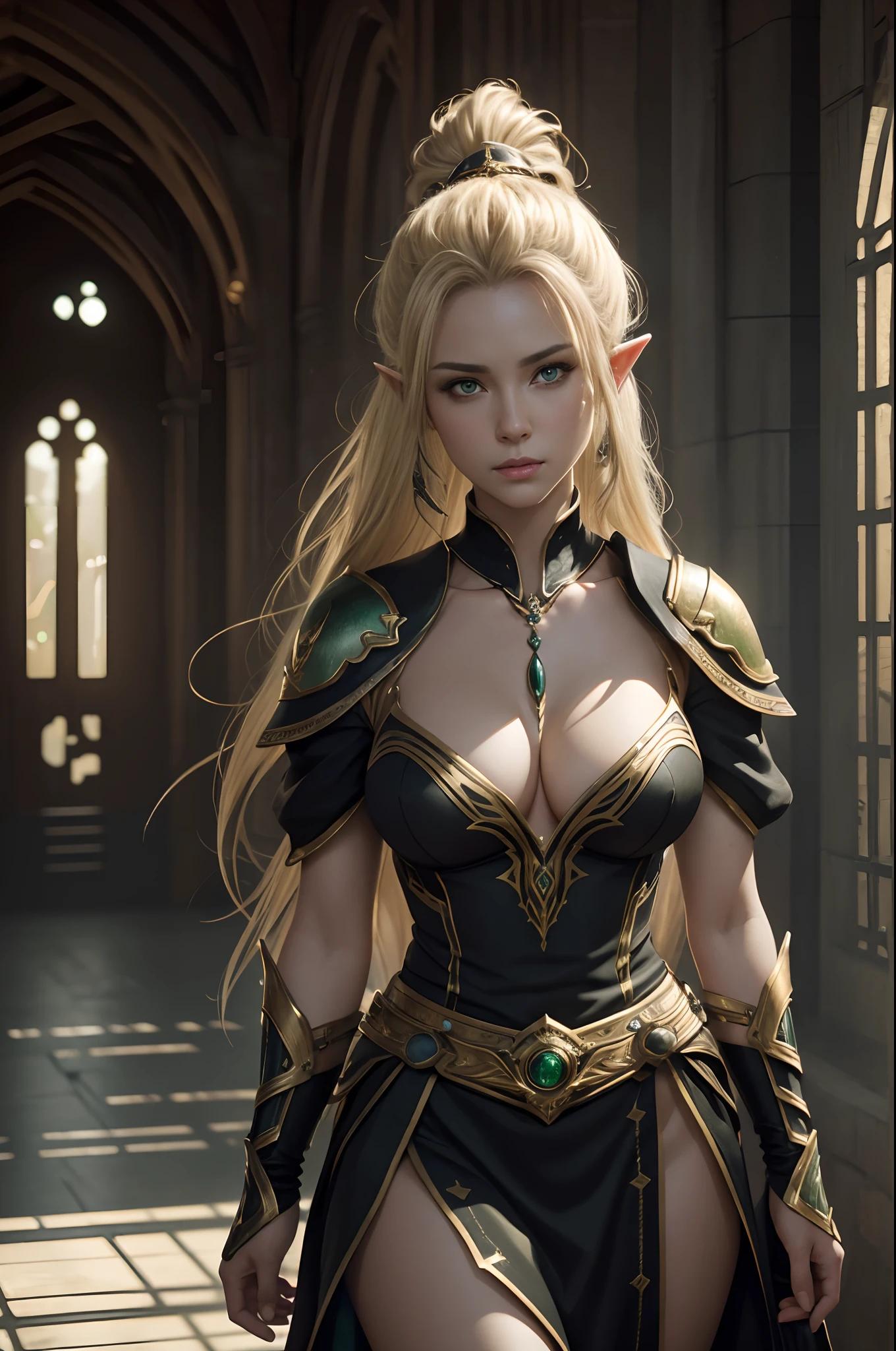 8K,Model Chute Style、(the Extremely Detailed CG Unity 8K Wallpapers)、full-shot body photo of the most beautiful artwork in the world、elvish、Blonde Mohawk,Green Valley、White and gold sexy chest armor.Green skirt,Pearl skin、Diamonds、Medieval architecture、Edbrink、Ateigairan、Studio Ghibli、Jeremy Mann、Greg Munchez、Antonio Moro、Trending on ArtStation、Trending in CGSighbour、 Dense and、Up to detail、Sharp focus、Dramatic and photorealistic painting art by Midjourney and Greg Rutkowski,Sexy costume,large full breasts,Green eyes,