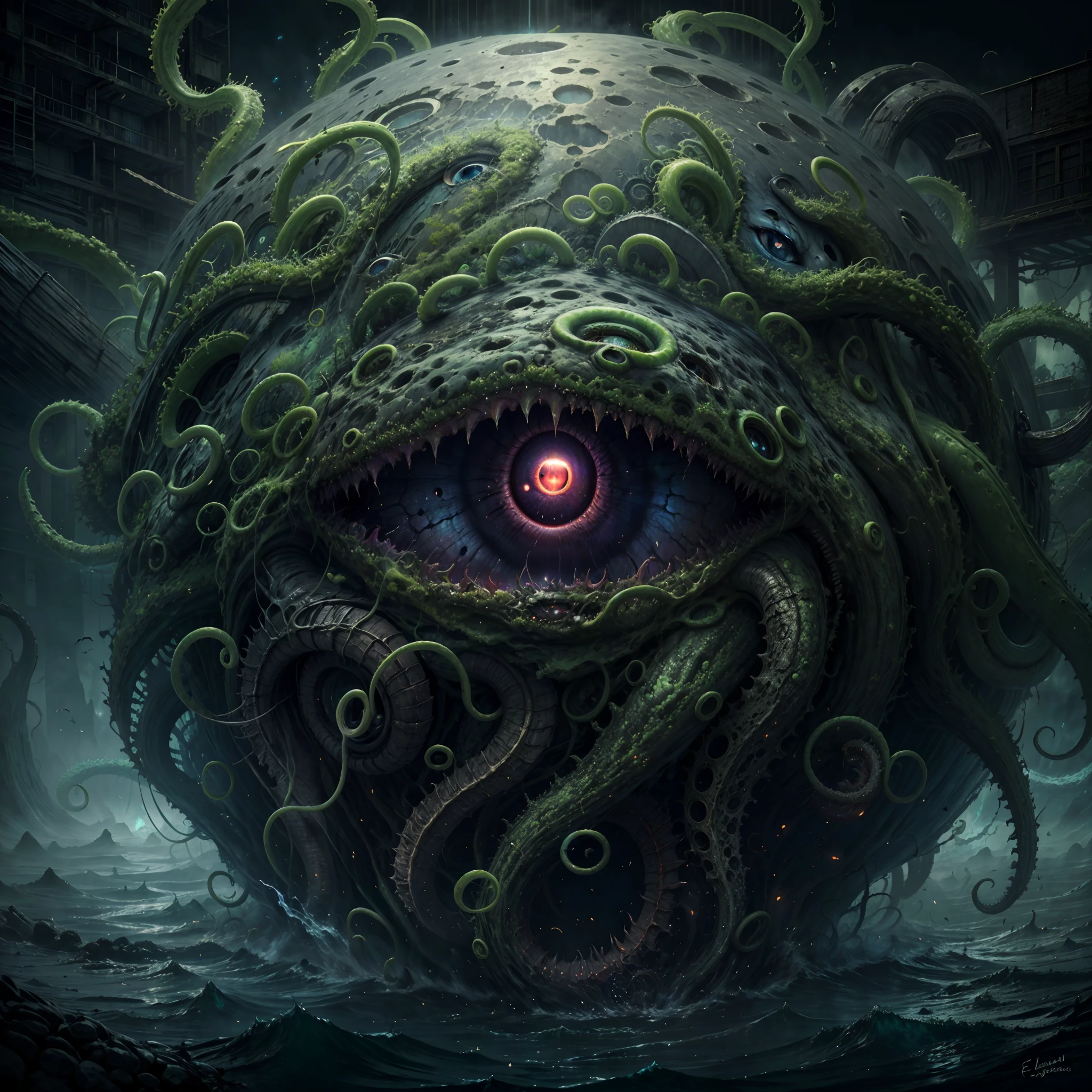 (best quality,4k,8k,highres,masterpiece:1.2),ultra-detailed,(realistic,photorealistic,photo-realistic:1.37),eldritch eye monster,(a floating sphere glowing eye), lots of tentacles, HP.lovecraft style, eerie atmosphere, ancient horror, dark, mysterious, twisted beings, ominous, cosmic horror, otherworldly, surreal, eldritch entities, grotesque, disturbing, inscrutable, tentacle-covered, abyssal depth, macabre, unearthly presence, supernatural, spectral, indescribable horror, haunting, nightmare-inducing, ethereal light, arcane symbols, eldritch essence, eerie glow, monstrous proportions, shifting shadows, eldritch abomination, tentacle tendrils, unknowable secrets, madness-inducing gaze