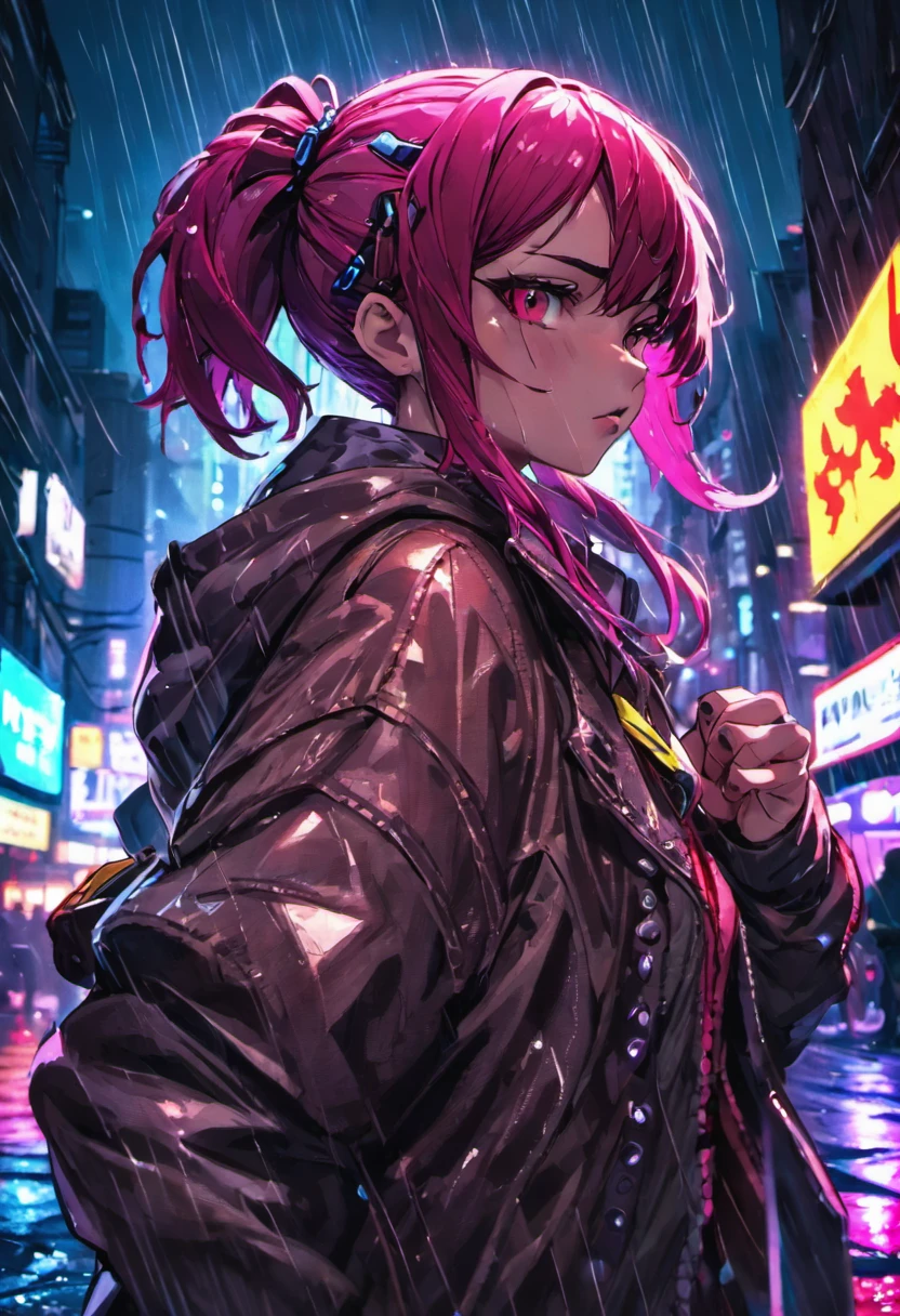 fotografia de close-up, jovem mulher cyberpunk confiante com cabelos loiros e brancos em um coque, usando um capuz com desenhos vermelhos e azuis, on a rain-soaked street at night, fotorrealista, Cinematic lighting
