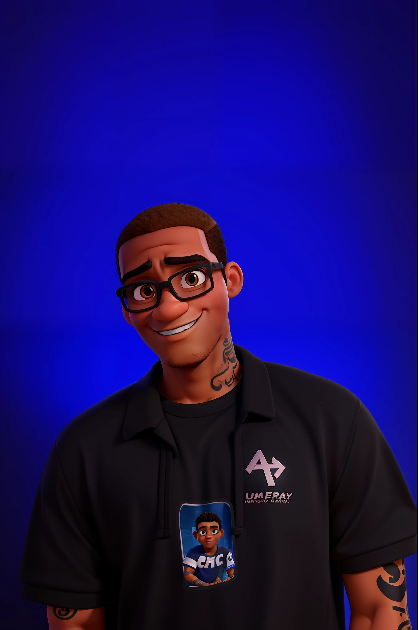 Um jovem negro no estilo Disney Pixar, careca, wears glasses, has tattoos on his arm
