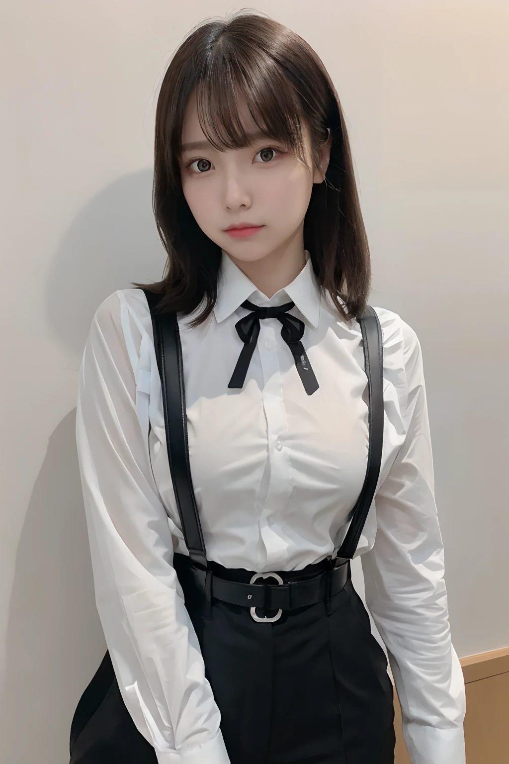 masterpiece、flat-colors、depth of fields、lens flare 1 girl、、Brown hair、watching at viewers a belt black suspenders Social OL huge-breasted Armpit sweat perspiring Side of both hands walls: Black Suit Black pants, Black jacket holster arm Leg holster Gaze No tie tiarra No bangs Small face