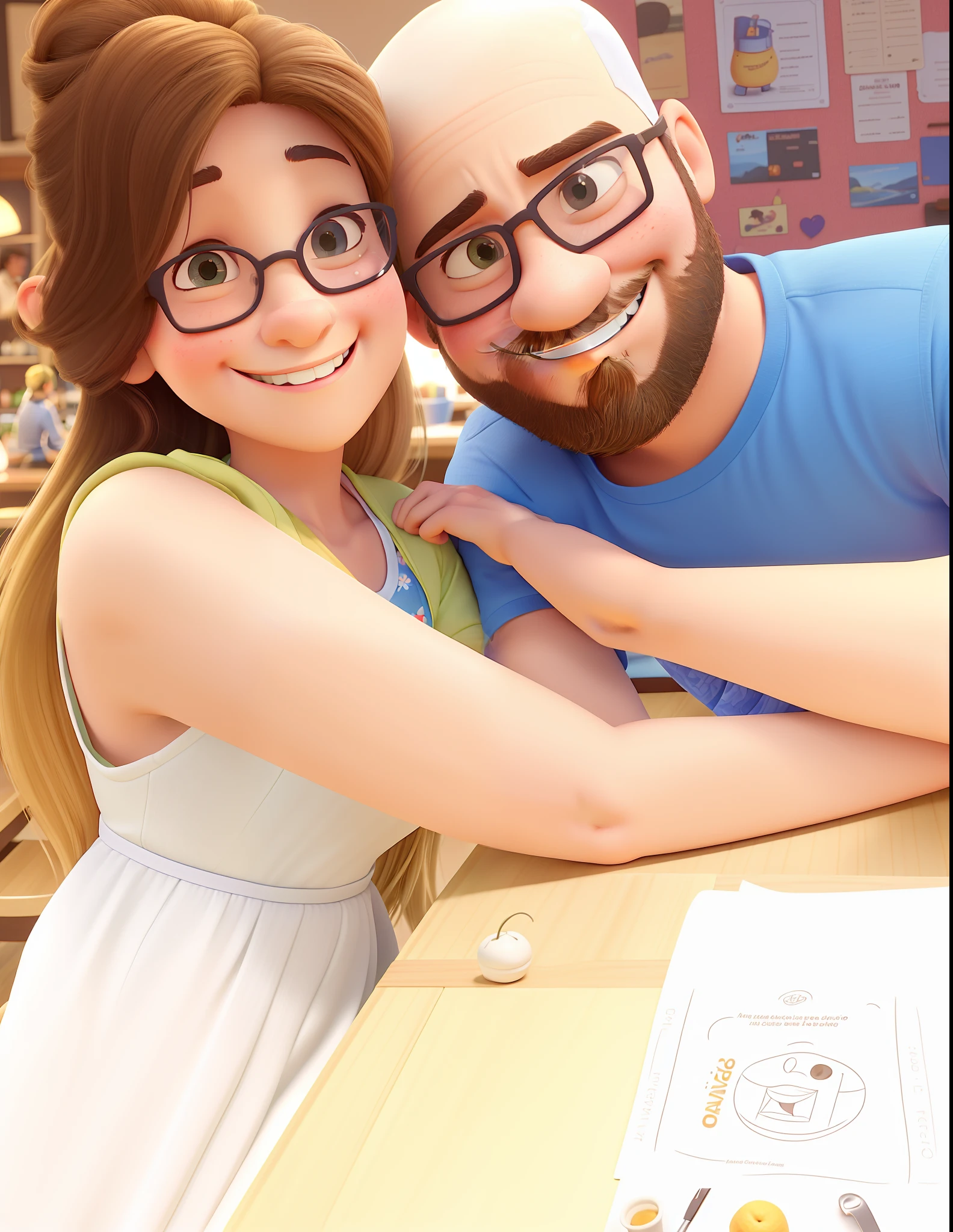casal apaixonado estilo pixar, They're hugging and smiling, They are on a table and in the background a restaurant, ele usa camiseta azul, is wearing rectangular glasses, he has no hair, com barba suave, Doesn't have a lot of eyebrows, She is wearing a floral dress with a white background, cabelo castanho claro e levemente preso, Is smiling and happy, alta qualidade, melhor qualidade