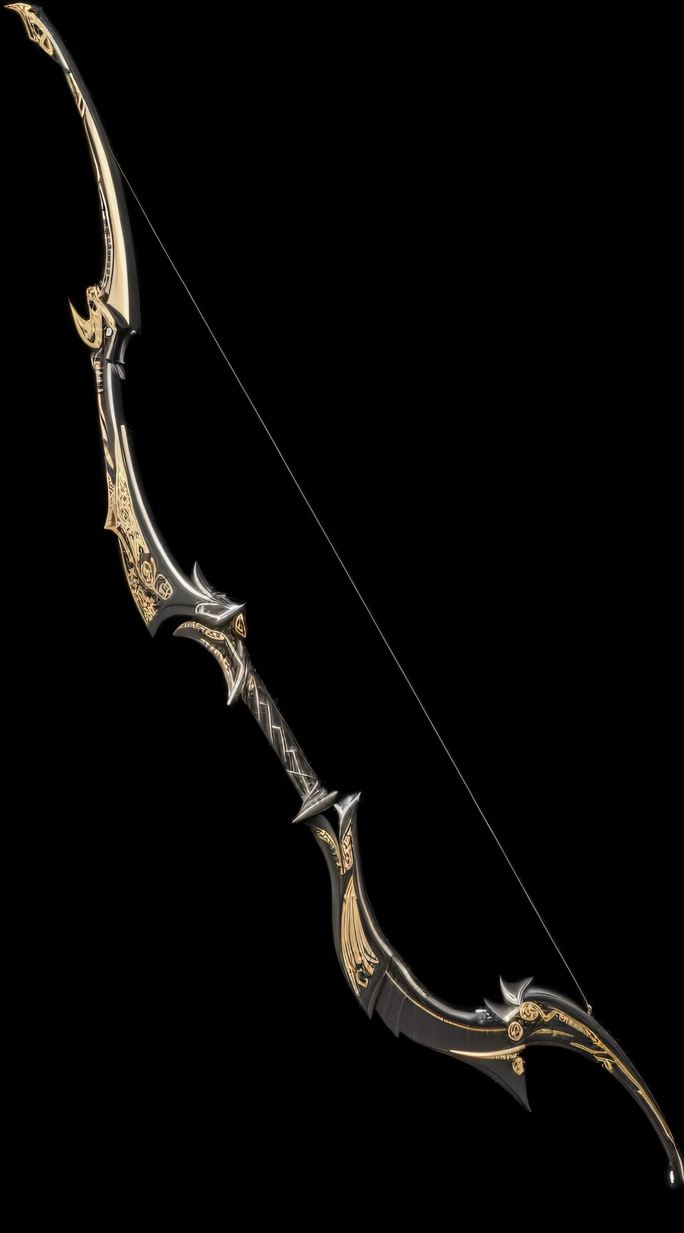 a close up of a bow with a long arrow on a black background, fantasy weapon, longbow, glaive, golden art nouveau scythe blade, archer bow, shortbow, arrowed longbow, longbow arrow, magical longbow, hold mechanical bow and arrow, bow and arrow, war blade weapon, intricate fantasy spear, polearm glaive