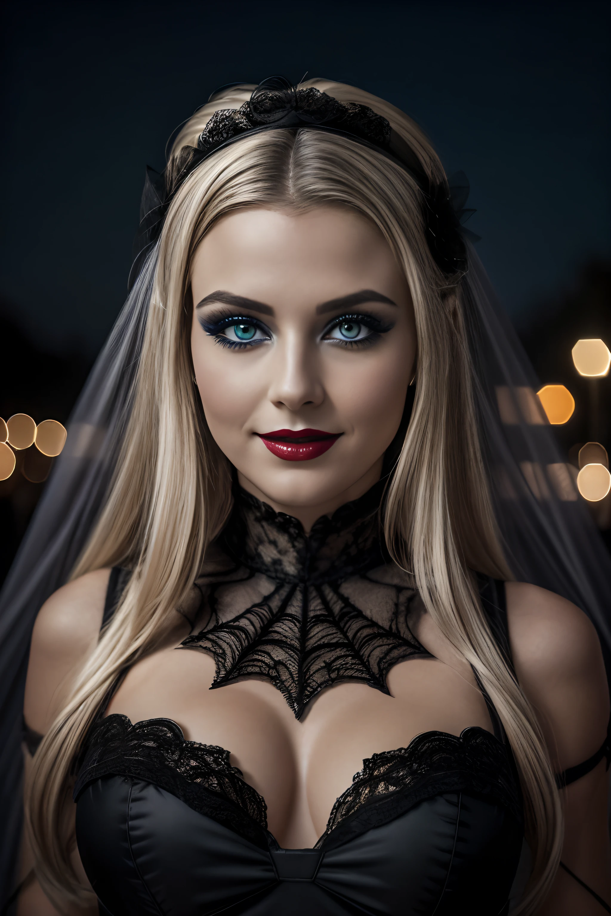 (Selfie, plan: 1.4), (Right half of the body: 1.4), RAW UHD portrait photo of a 24-year-old blonde European woman (Femme aux yeux bleus) marcher dans une ruelle sombre, Halloween Costume, Ville la nuit, (rocher), (encolure), specifics (tissu! , cheveux! , briller, couleur!! , disadvantages: 1.1), Bright eyes with a high level of detail (staring into the camera), SLR lighting, Appareil photo reflex mono-objectif, ultra quality, re sharpness, profondeur de champ, Filmkorn (milieu), Fujifilm XT3, Limpide, Rahmenmitte, beau visage, mise au point nette, street lamp, Neonbeleuchtung, Bokeh (dimly lit), Nuit, (Ciel nocturne), detailed skin pores, peau grasse, coup de soleil, intricate eye details, corps entier entier, gros seins, souriante, flirts with the camera, Dressed in a ghost Halloween costume , Halloween Ghost, maquillage halloween, sourire, (Marilyn Monroe:0.2)