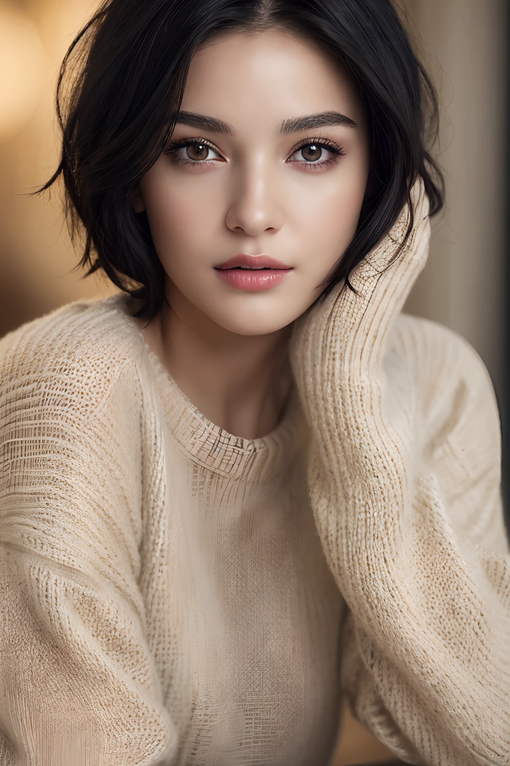 (masterpiece:1.3), (8k, photorealistic, RAW photo, best quality: 1.4), (1girl), beautiful face, (realistic face), (black hair, short hair:1.3), beautiful hairstyle, realistic eyes, beautiful detailed eyes, (realistic skin), beautiful skin, (sweater), absurdres, attractive, ultra high res, ultra realistic, highly detailed, golden ratio