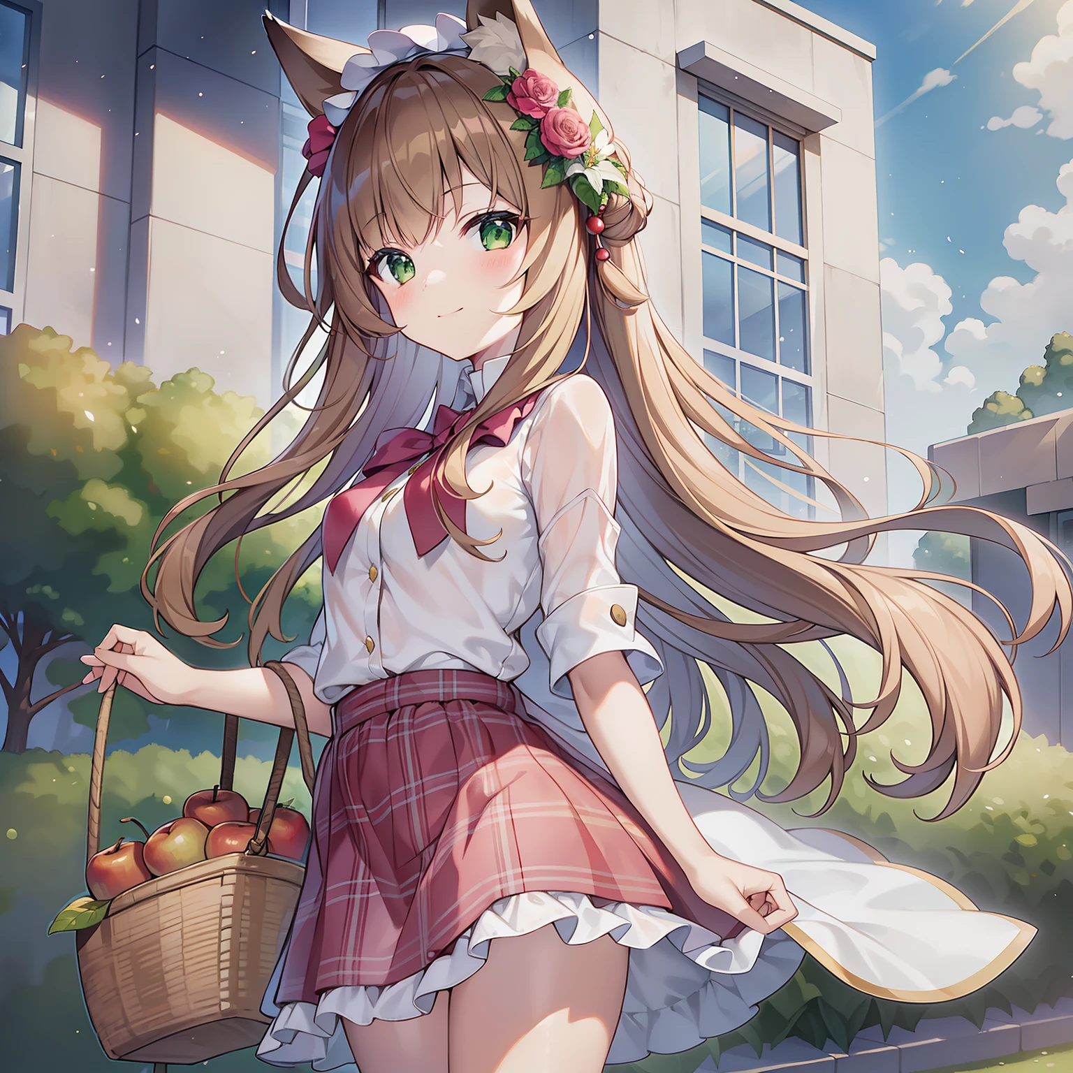 Masterpiece, Best quality, high resolution, 1girll, Solo, Oversized fox tail，Long brown hair，Green eyes，Small flower headdress, (13-year-old junior high school student)，Modern architecture，Buy fruit at the supermarket_In front of the apple slot，The girl puts the red apple in the basket of the supermarket，Dressed in pink and white casual clothes，ssmile，