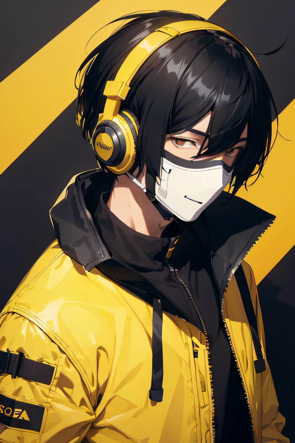 cool man, yellow jacket, wearing black headset, white mask, black hair, high detailed,