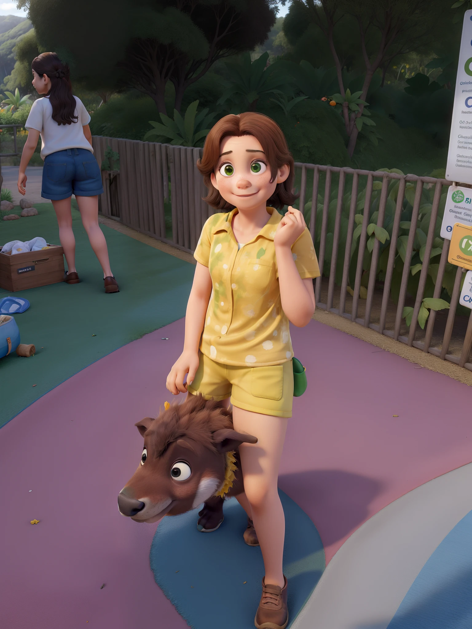 Obra-prima, de melhor qualidade, A 7-year-old child, cabelos cacheados e ruivos, olhos verdes, vestindo uma camisa amarela e um short laranja, sentada numa capivara de madeira no parque, Making a number 2 with your left hand