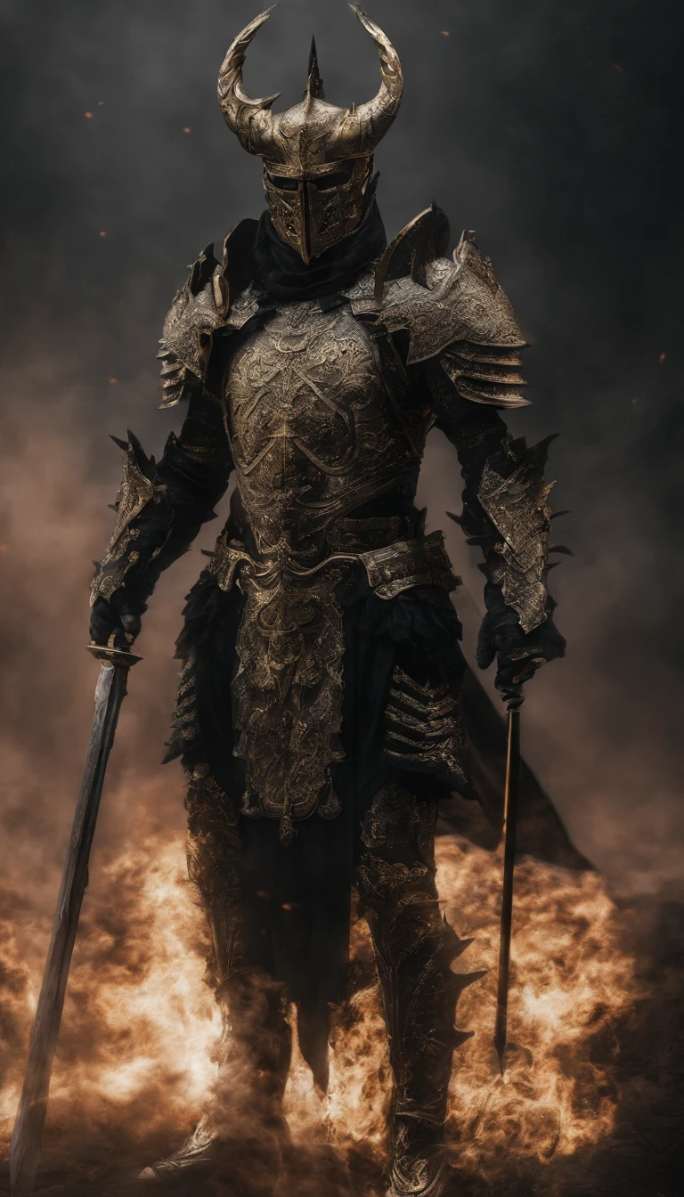 warrior, concept-art,  Fantasy art, battleground background, clean render, a horned, Wear a suit of armor, Detailed bushido form smoke, helmet of a forgotten deity, character is standing, 8k Realistic, in game render, detailed face background detail, Art station front page, taur, Pseudo-medieval fantasy, A deity wearing koi armor, detailed bronze armor, Bronze armor, golden etched armor, gold obsidian armor, Light gold armor, Gorgeous filigree armor, A demonic warrior, Gorgeous armor full of thorns, Intricate assasin armor, Intricate metal armor, powerful warrior, Dressed in gorgeous gold armor，Decorated with intricate patterns, The helmet has a large crown and two horns,Glowing red eyes， Everything is in the dark, The smoky background alludes to battle scenes, Add an ominous aura to his character，submission, Full body shot.