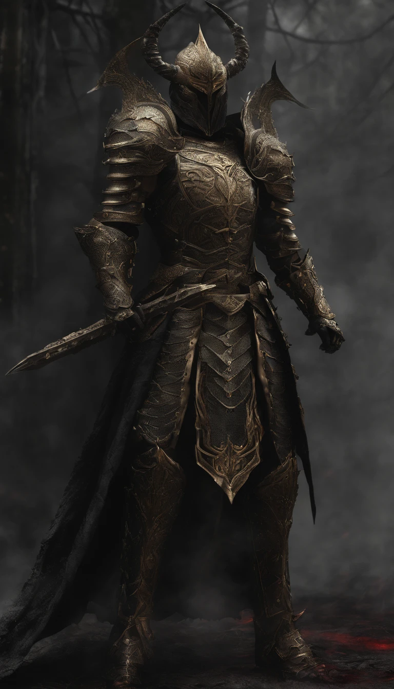warrior, concept-art,  Fantasy art, battleground background, clean render, a horned, Wear a suit of armor, Detailed bushido form smoke, helmet of a forgotten deity, character is standing, 8k Realistic, in game render, detailed face background detail, Art station front page, taur, Pseudo-medieval fantasy, A deity wearing koi armor, detailed bronze armor, Bronze armor, golden etched armor, gold obsidian armor, Light gold armor, Gorgeous filigree armor, A demonic warrior, Gorgeous armor full of thorns, Intricate assasin armor, Intricate metal armor, powerful warrior, Dressed in gorgeous gold armor，Decorated with intricate patterns, The helmet has a large crown and two horns,Glowing red eyes， Everything is in the dark, The smoky background alludes to battle scenes, Add an ominous aura to his character，submission, Full body shot.