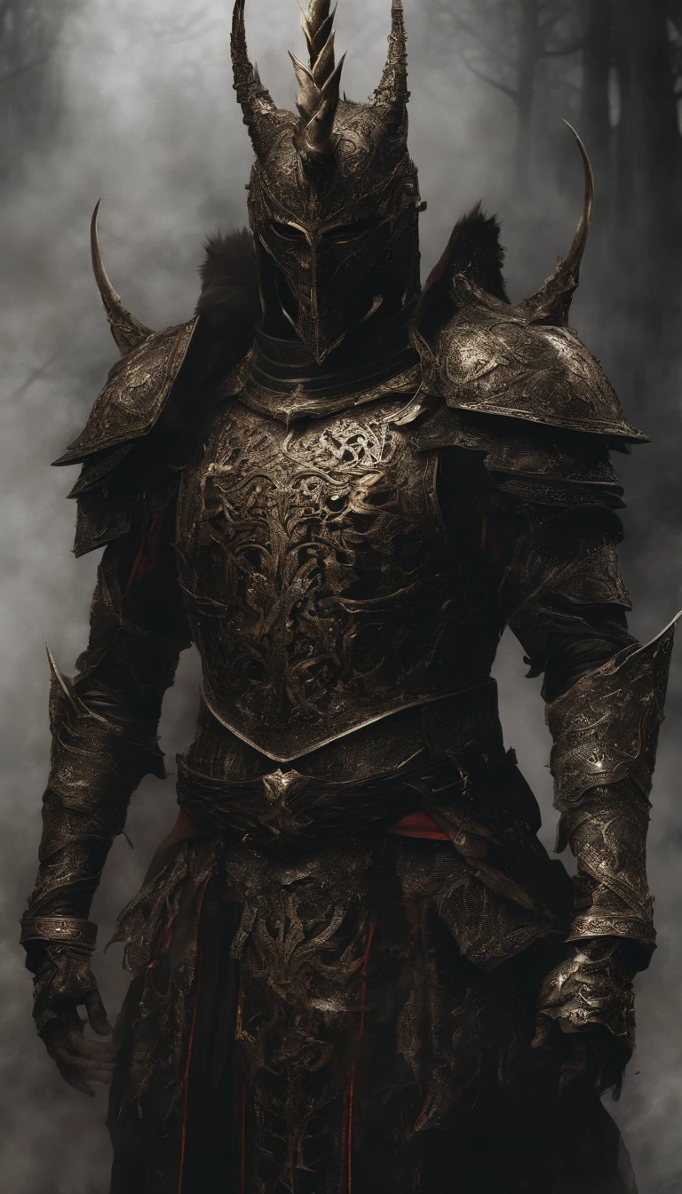 warrior, concept-art, Fantasy art, battleground background, clean render, a horned, Wear a suit of armor, Detailed bushido form smoke, helmet of a forgotten deity, character is standing, 8k Realistic, in game render, detailed face background detail, Art station front page, taur, Pseudo-medieval fantasy, A deity wearing koi armor, detailed bronze armor, Bronze armor, golden etched armor, gold obsidian armor, Light gold armor, Gorgeous filigree armor, A demonic warrior, Gorgeous armor full of thorns, Intricate assasin armor, Intricate metal armor, powerful warrior, Dressed in gorgeous gold armor,Decorated with intricate patterns, The helmet has a large crown and two horns,Glowing red eyes, Everything is in the dark, The smoky background alludes to battle scenes, Add an ominous aura to his character,submission, Full body shot.